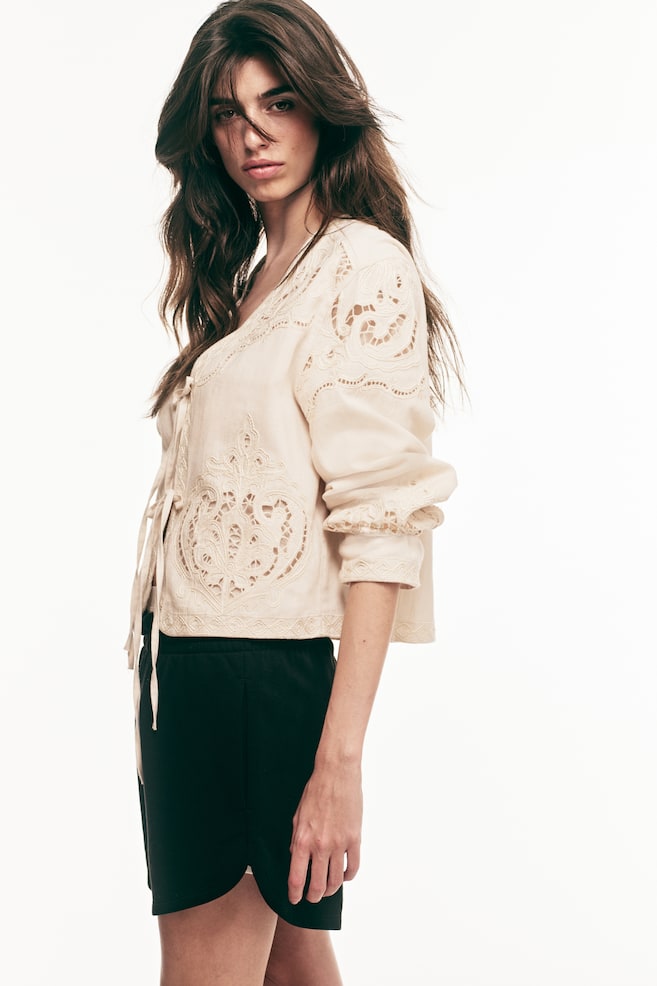 Veste en lin mélangé avec broderie anglaise-Beige clair - 4