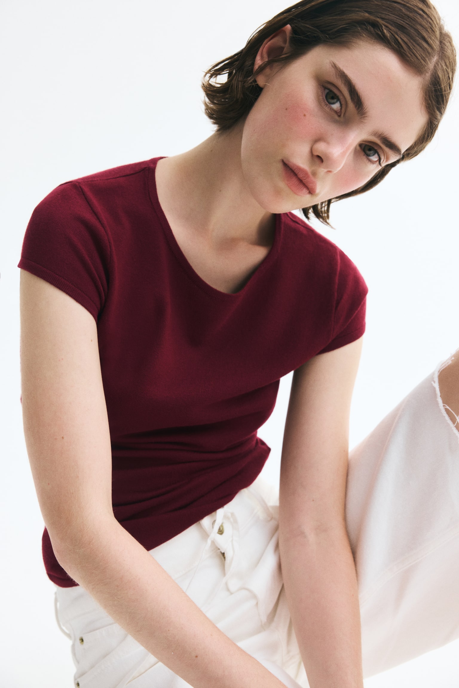 Cap-Sleeved Fine-Knit Top - Burgundy/Dark turquoise/Light beige/striped - 1