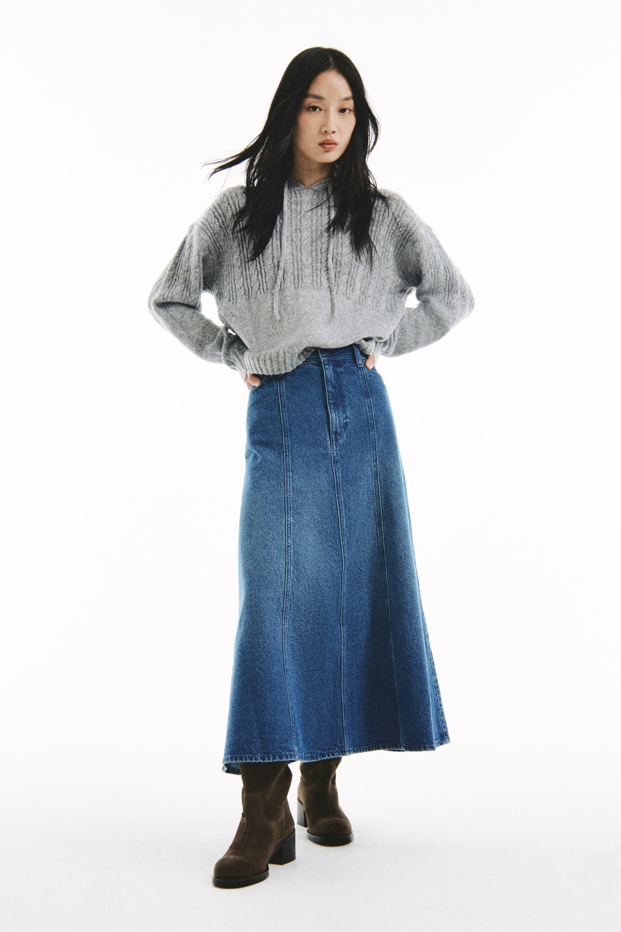 拡大画像を表示: ケーブルニットフーデッドトップス - グレーメランジ - レディース | H&M JP 1