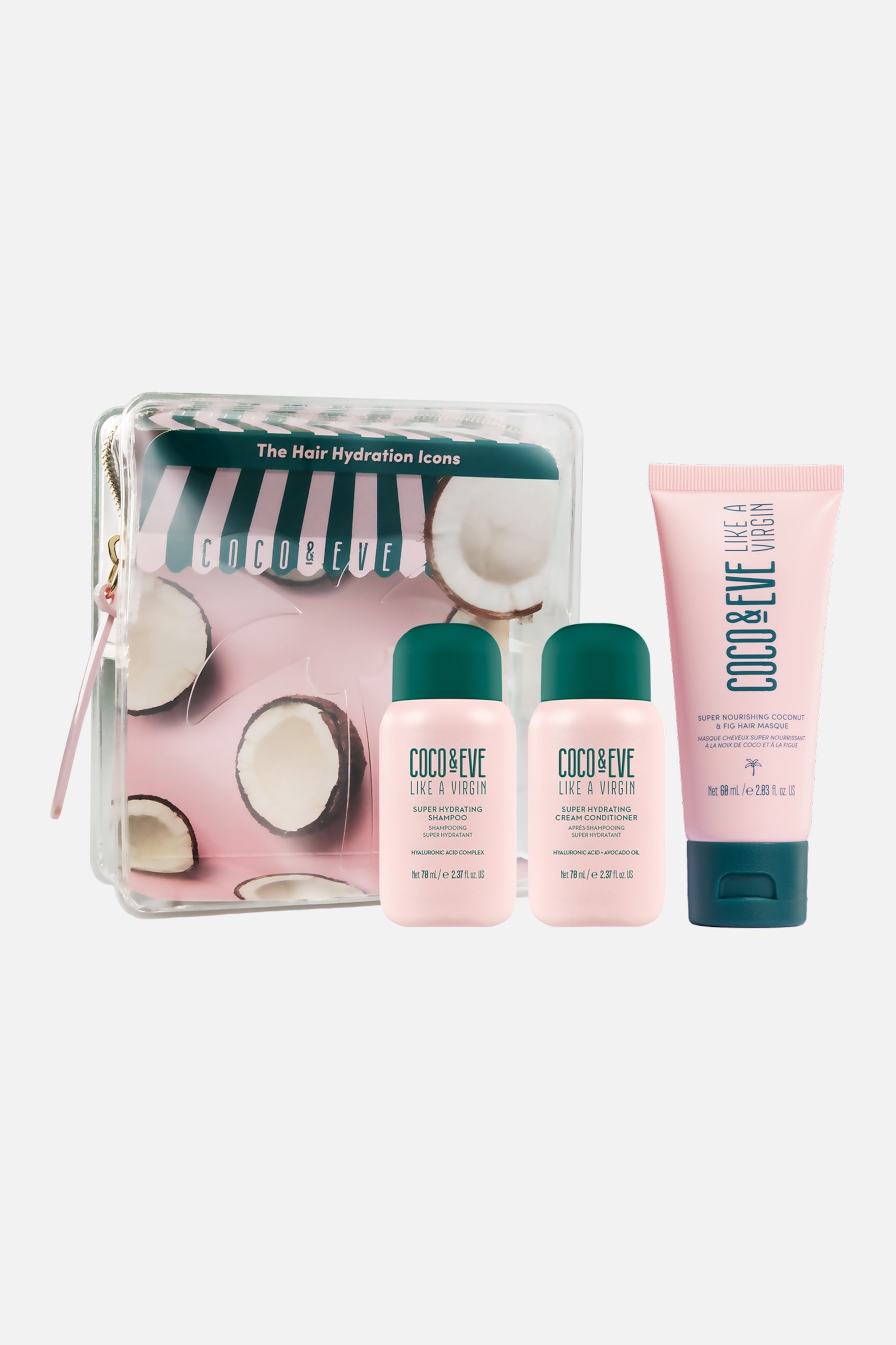Visa större bild: Hair Hydrate Icons Kit visas i en tydlig resesufflett med dragkedja, med ett rosa och grönt kokosinspirerat inlägg som står upprätt bredvid två små ljusrosa flaskor med mörkgröna rundade korkar samt en matchande rosa tub. Alla produkter är vända framåt och visar tydligt sina varumärken och produktnamn.