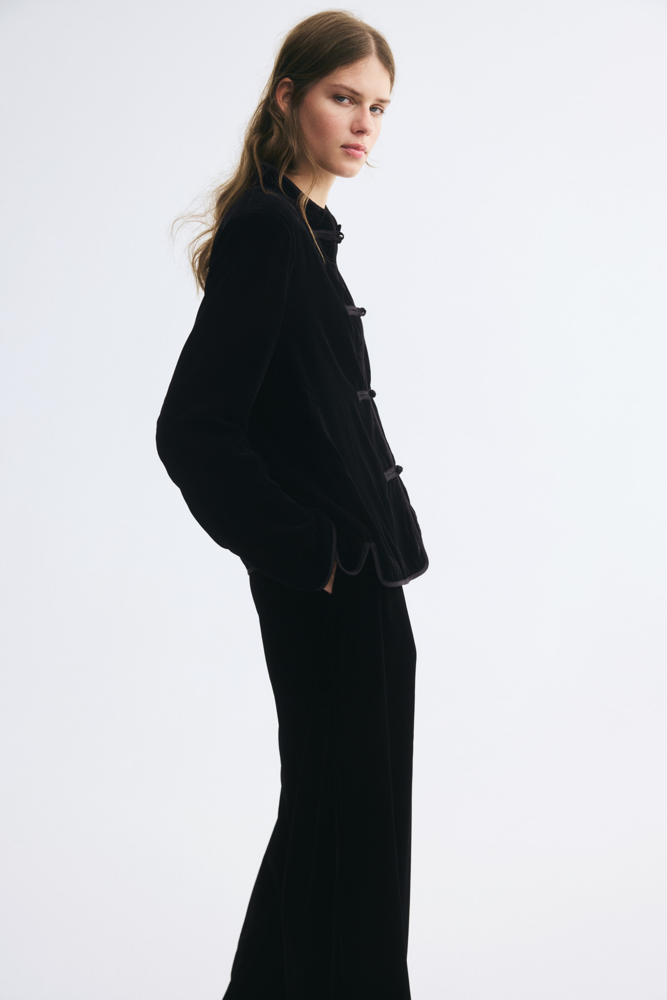 Knot-Button Velvet Jacket