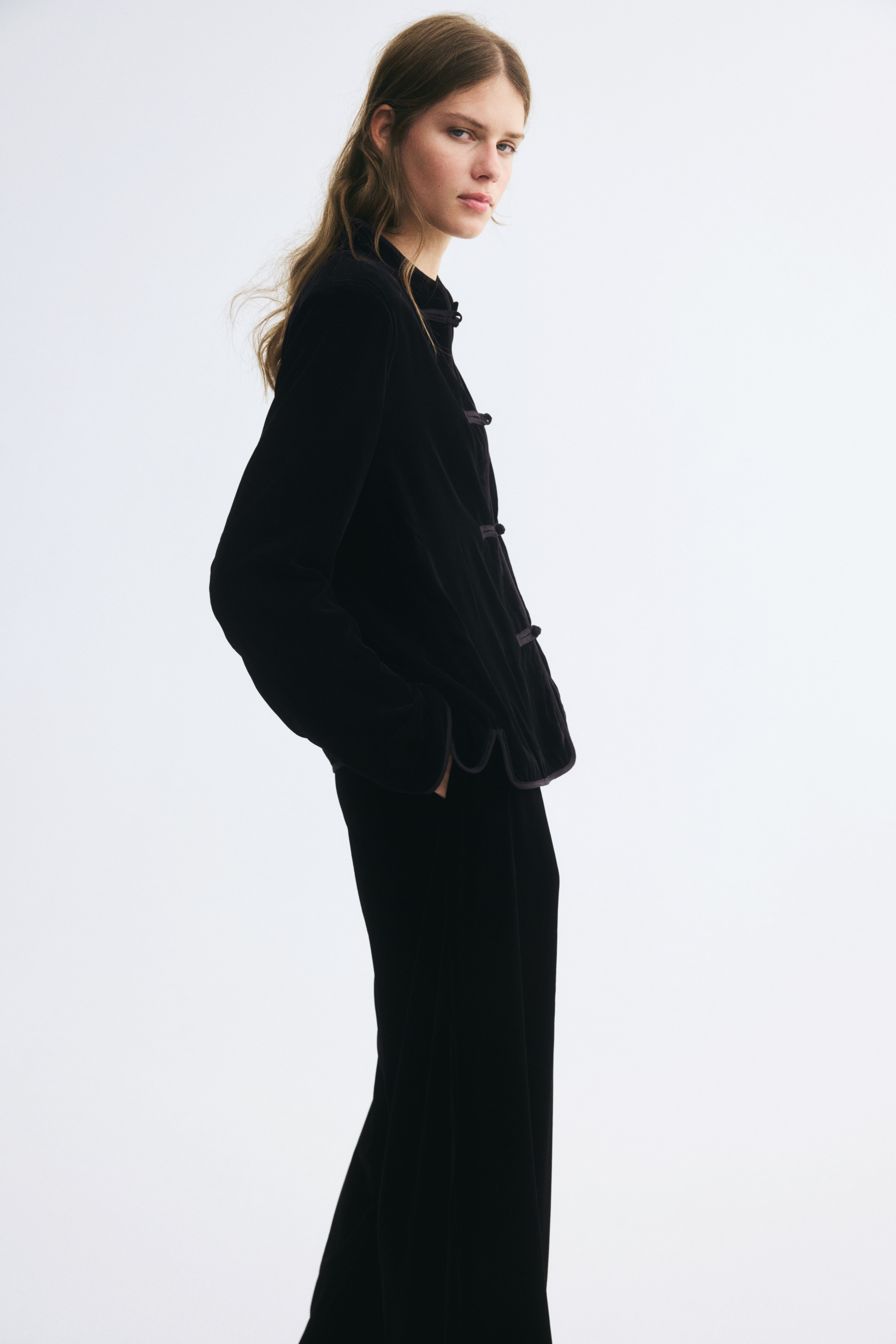 Knot-Button Velvet Jacket