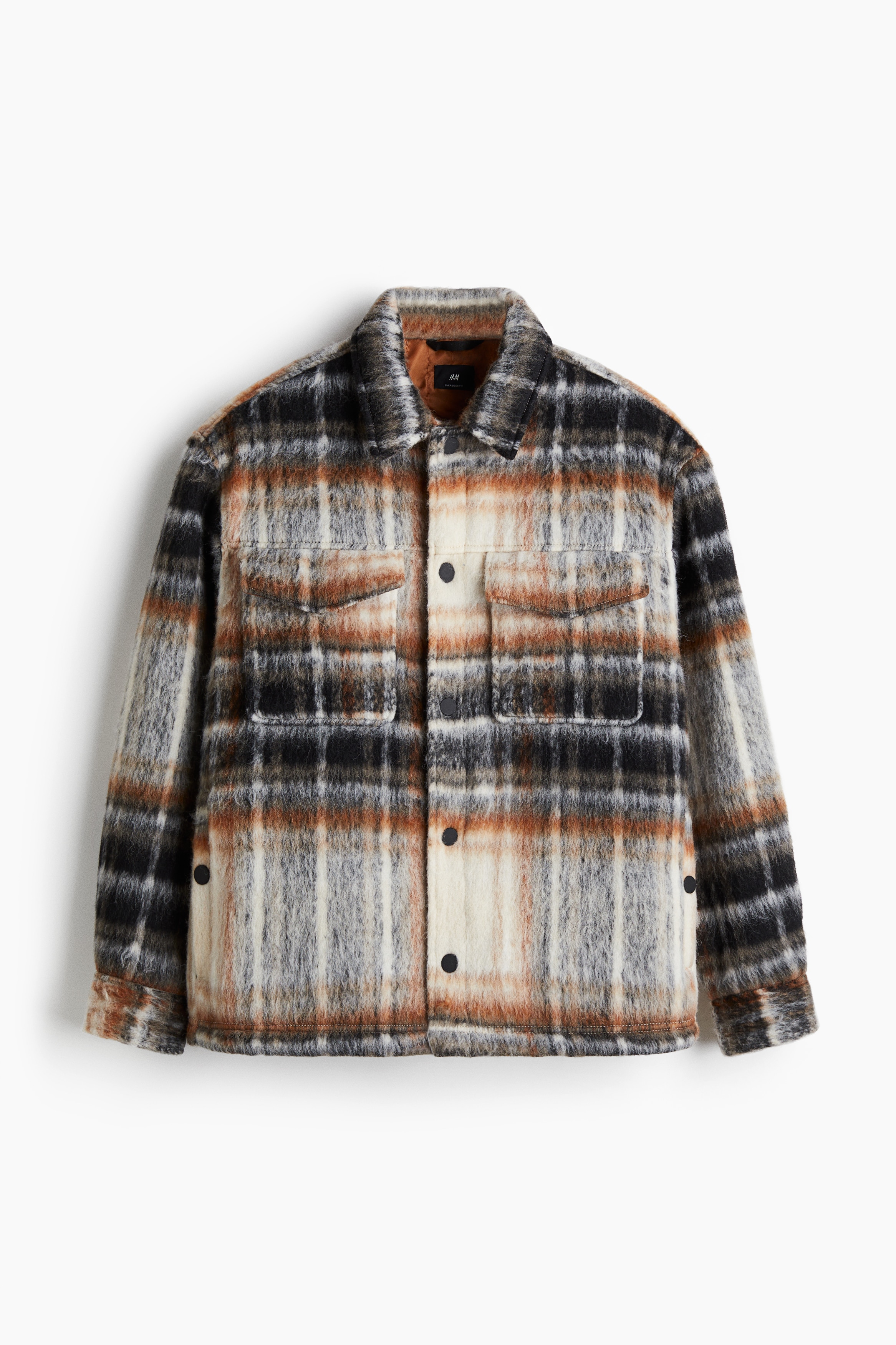 加大碼鋪棉夾克襯衫 - 奶油色/格紋