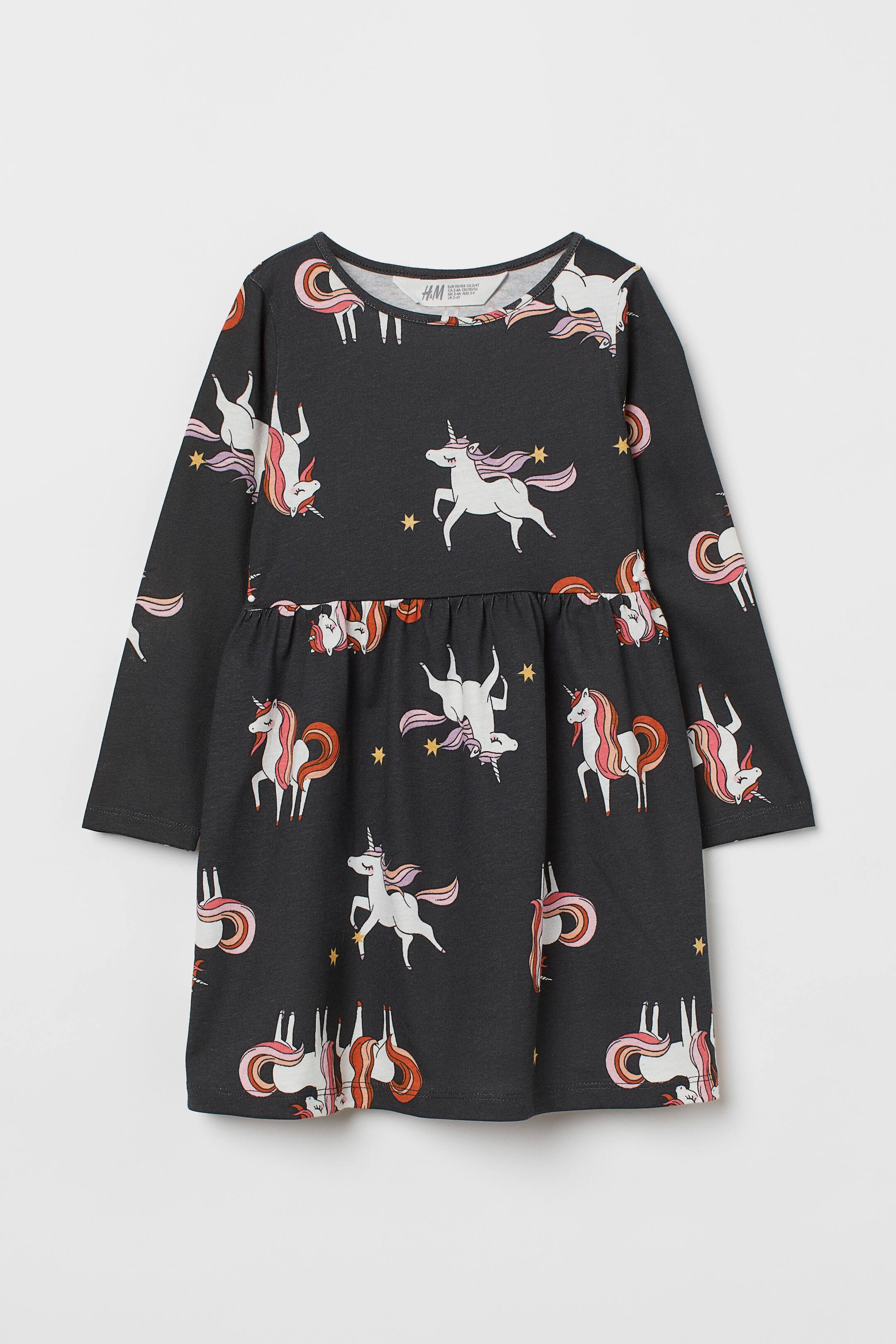Cotton Jersey Dress Round Neck Long sleeve Dark gray/unicorns Kids H&M US