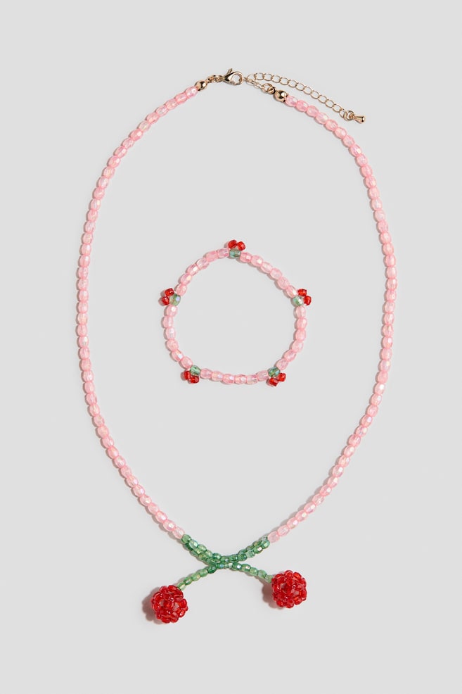 2-piece beaded jewellery set - Light pink/Cherries - 1