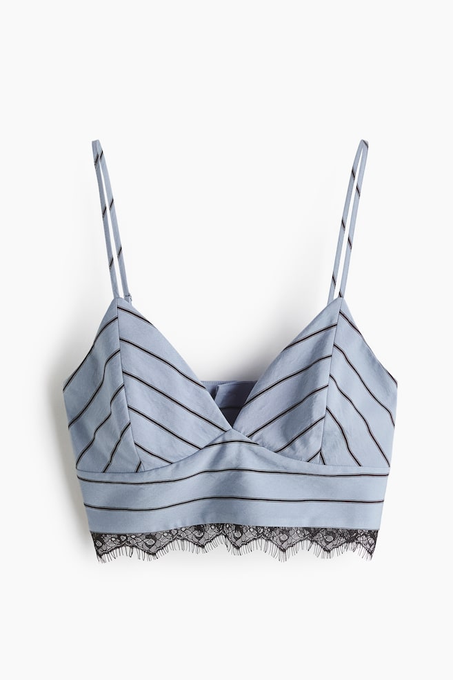 Lace-trimmed cropped top - Light dusty blue/Striped - 1