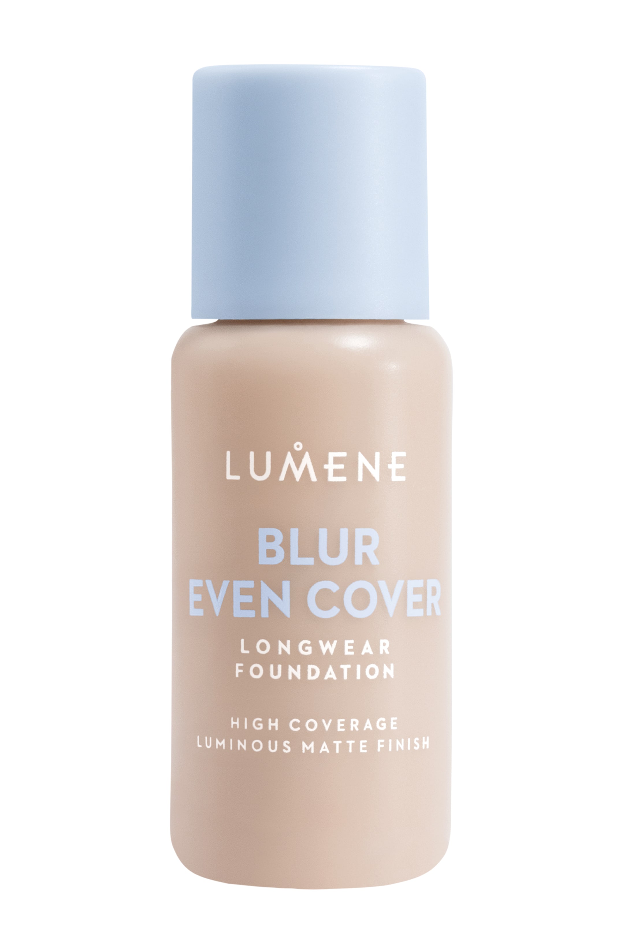 Se større billede: En beige foundationflaske med en lyseblå hætte står oprejst. Etiketten på flasken viser "LUMENE BLUR EVEN COVER LONGWEAR FOUNDATION HIGH COVERAGE LUMINOUS MATTE FINISH".