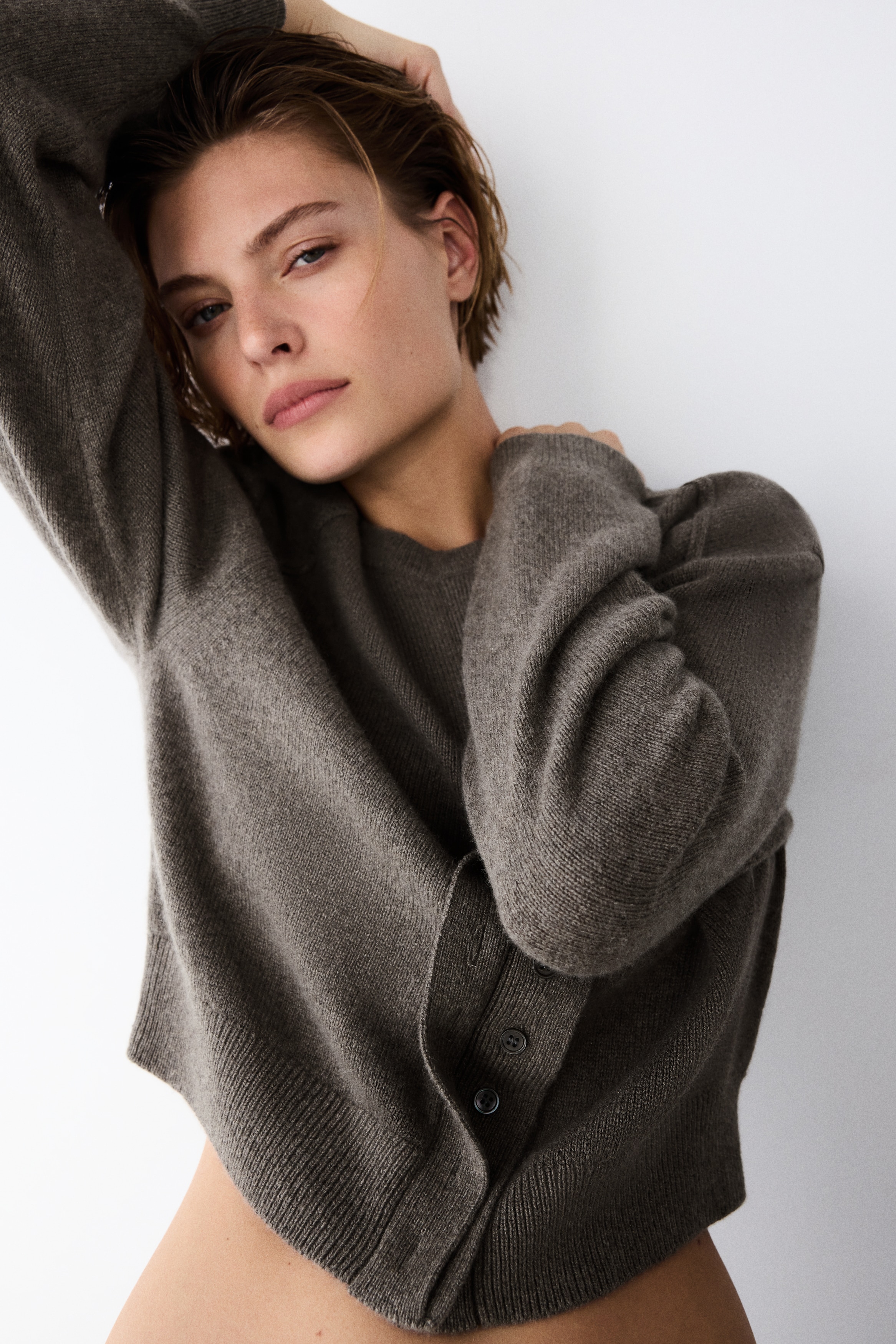 喀什米爾羊毛開襟衫 - 深大地色/黑色