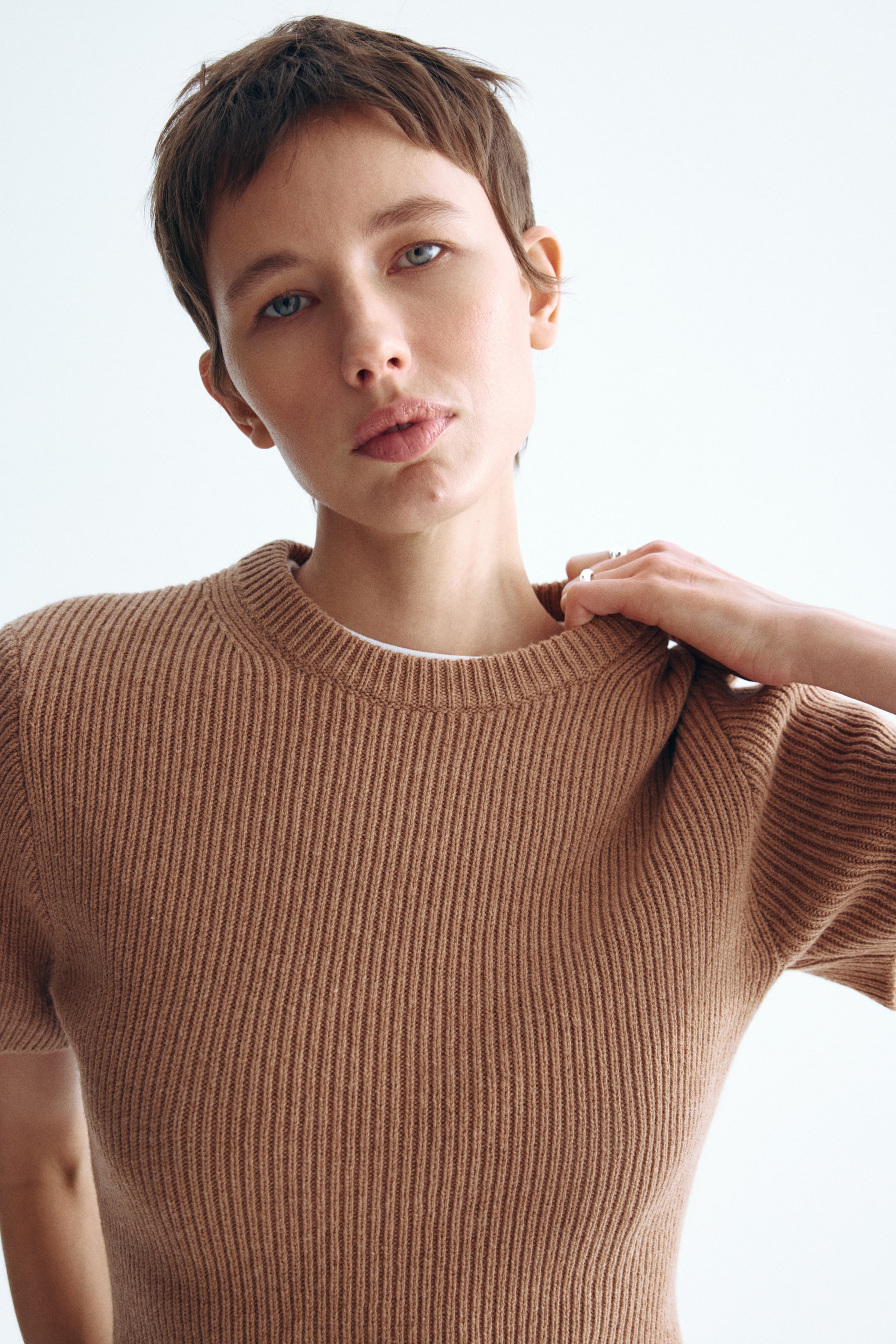 View larger image: A brown ribbed knit short-sleeve top is worn, highlighting a crew neck with a ribbed collar. A white layer peeks out beneath the neckline, and the top fits snugly to the body.