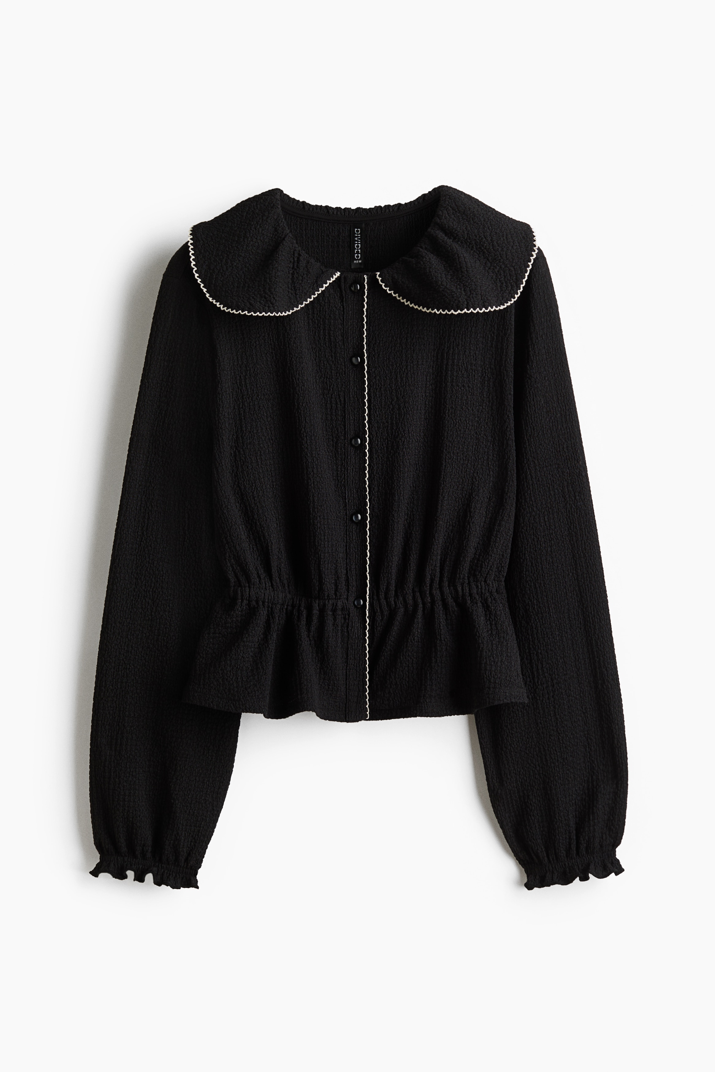 襟付きペプラムトップス - チャコールグレー/クリーム/ターコイズ