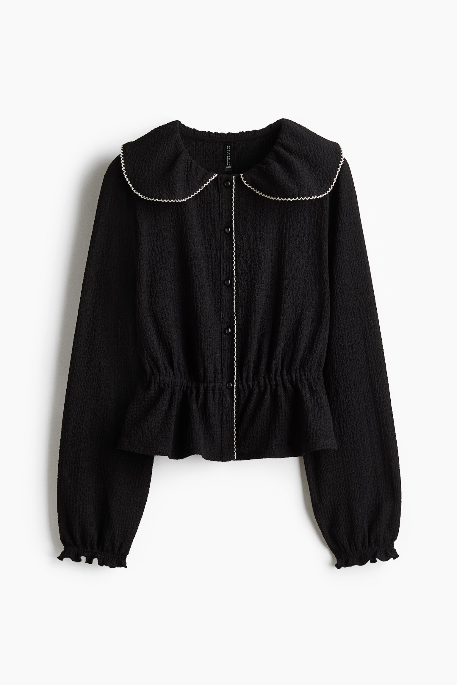 襟付きペプラムトップス - チャコールグレー/クリーム/ターコイズ