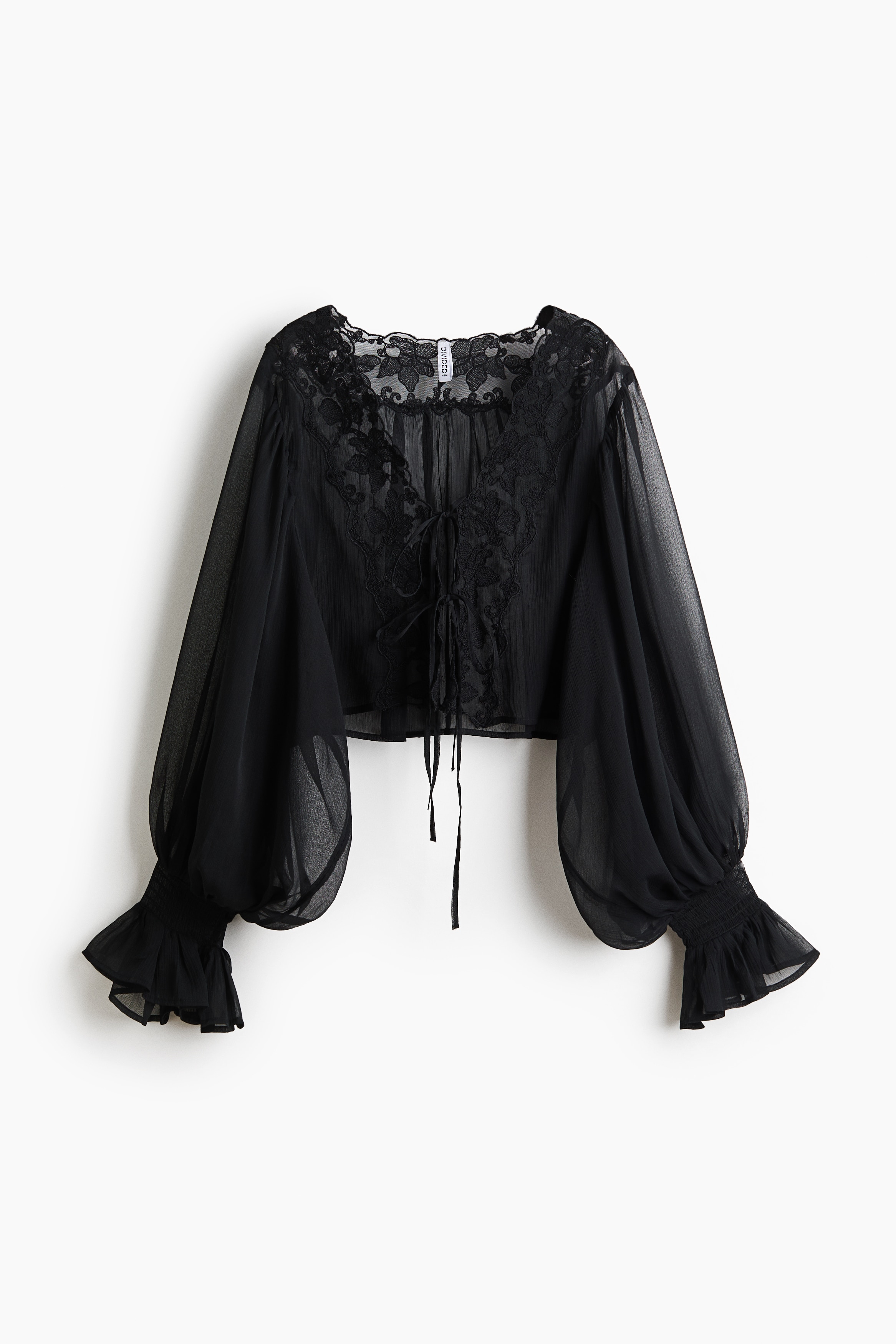 Lace-trimmed balloon-sleeved blouse - Black/Pale apricot