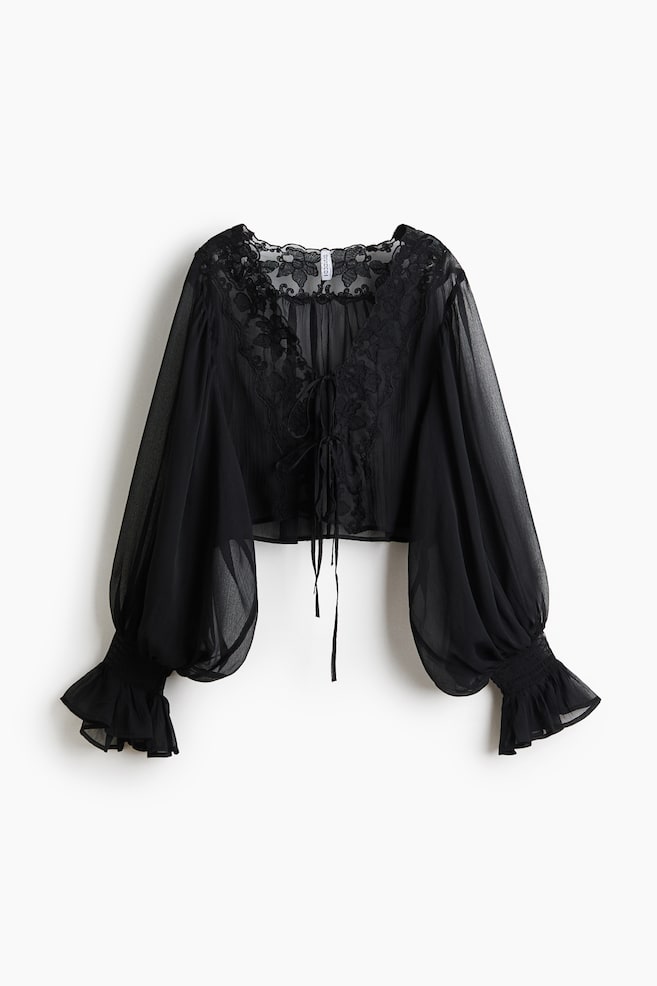 Lace-Trimmed Balloon-Sleeved Blouse - Black/Pale apricot - 1