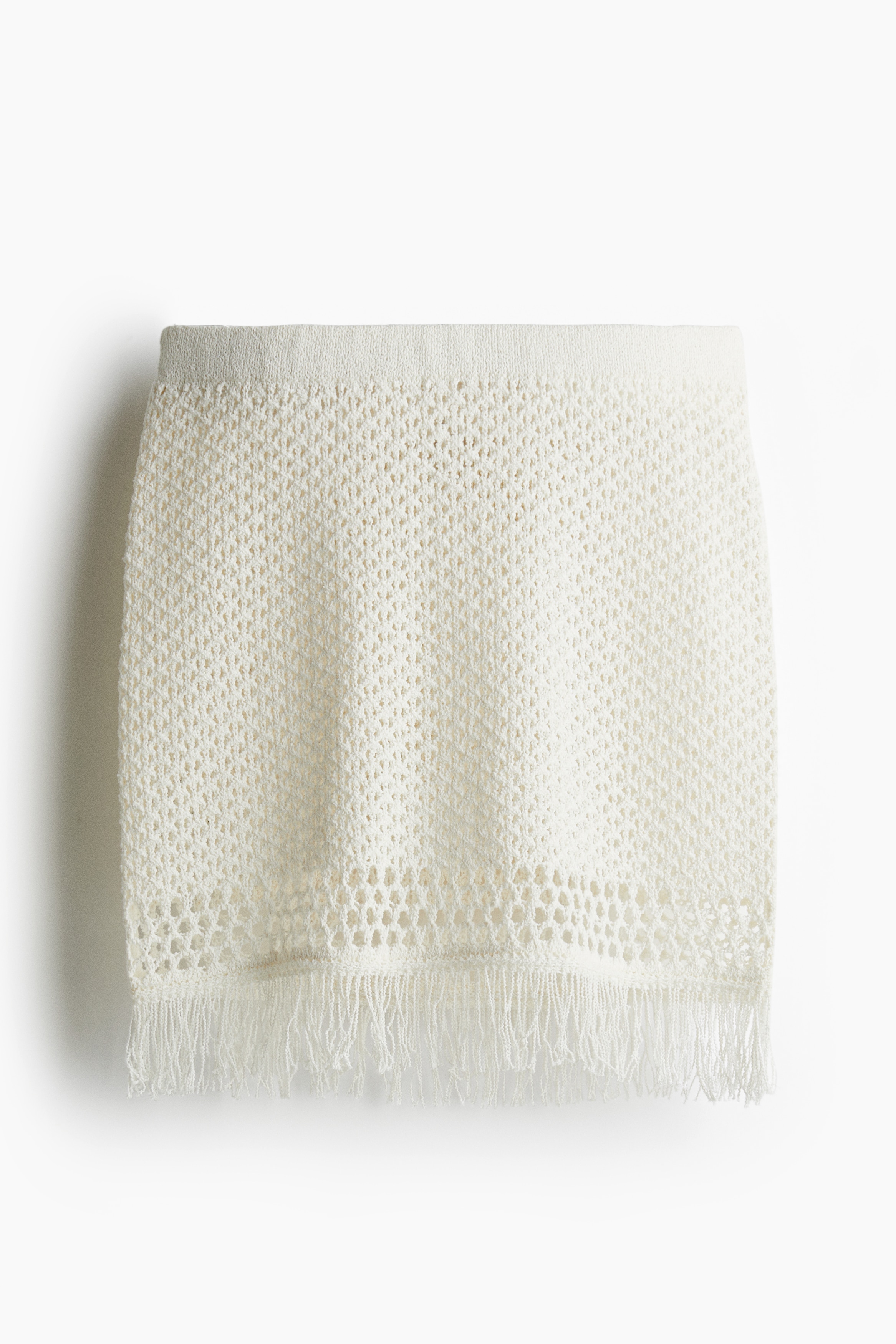 Püsküllü ve Delik Desenli Triko Etek - Beyaz