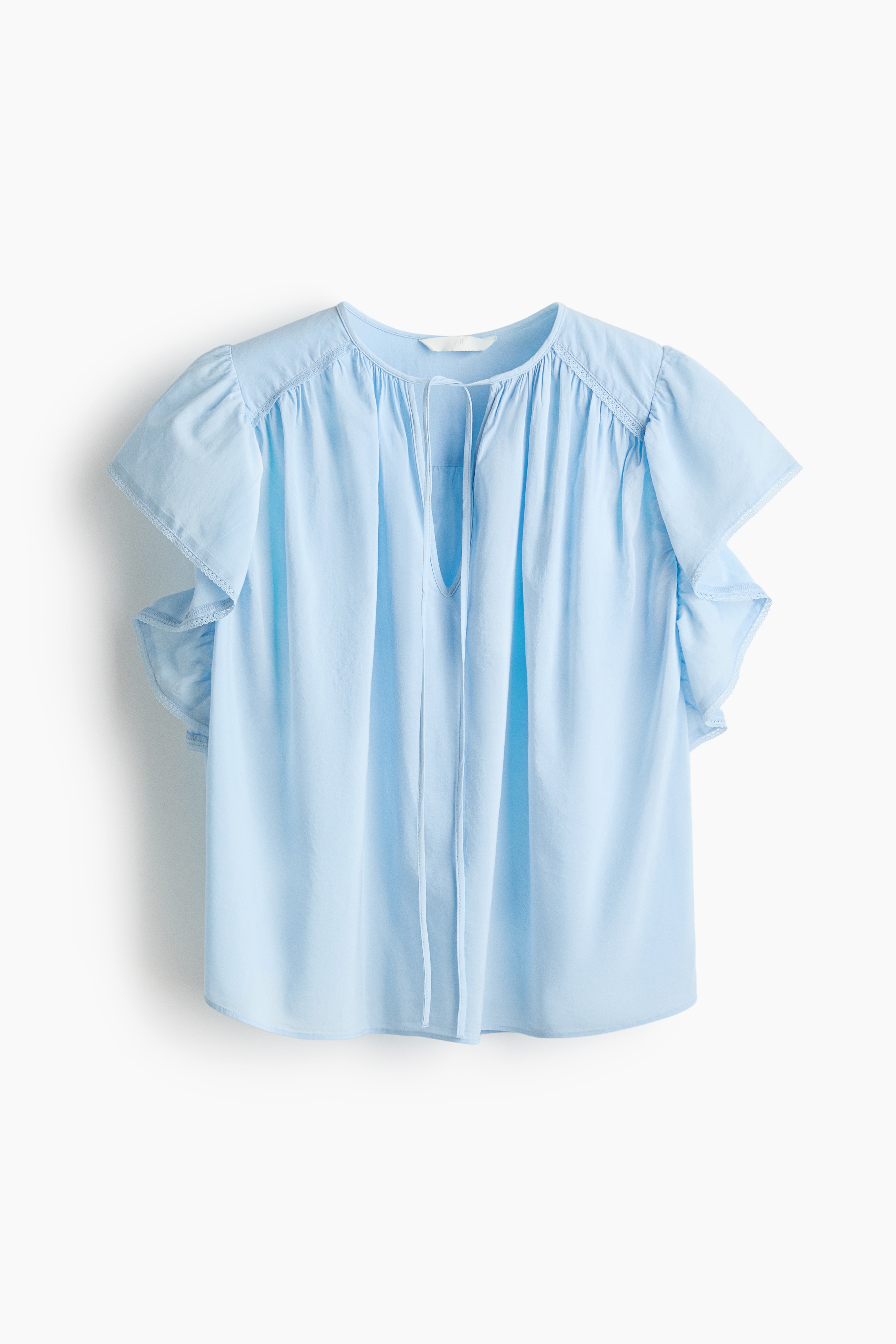 Flutter-Sleeved Lace-Trimmed Blouse - Light blue/Black/White