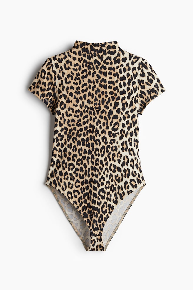 Short-sleeved turtleneck body - Beige/Leopard print - 1