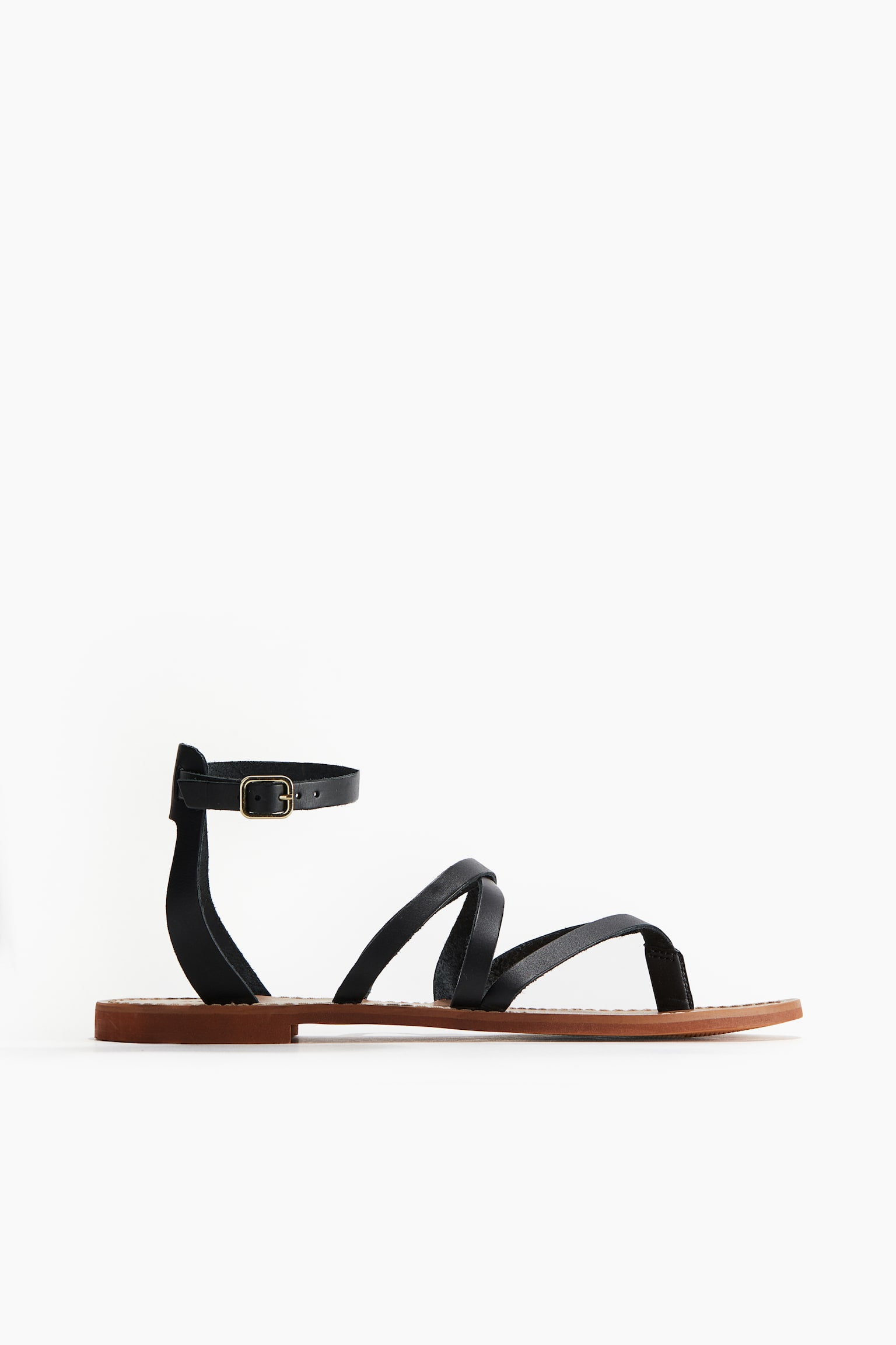 Strappy Leather Sandals - Black/Gold colour - 1