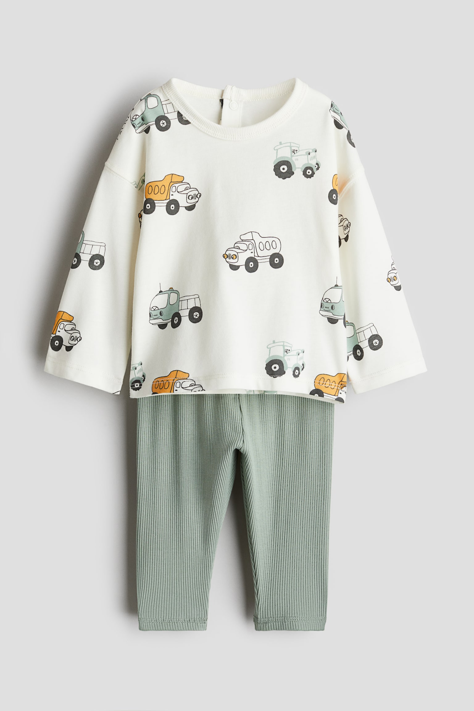 2-piece top and leggings set - Dusty green/Vehicles/Light beige/Dinosaurs - 1