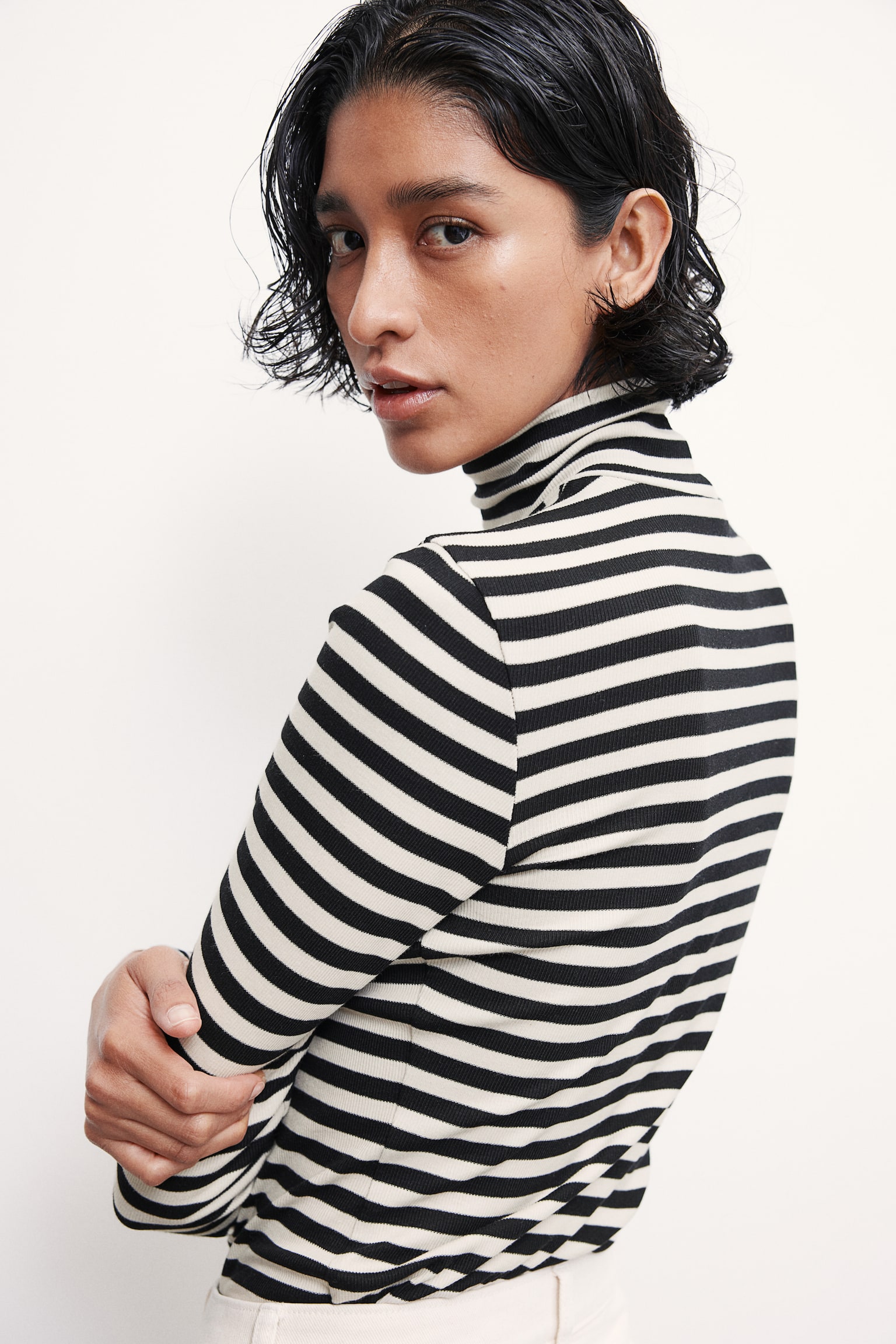 Modal-blend polo-neck top - Black/Striped/Light blue/Dark grey marl - 5