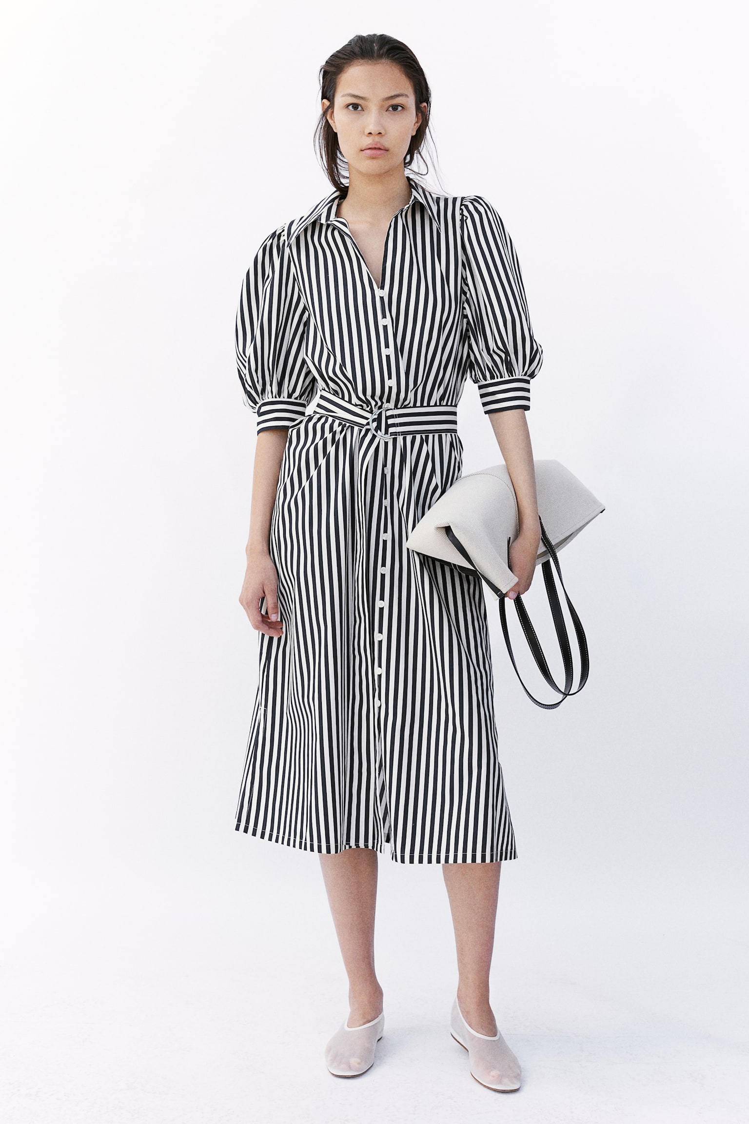 Belted shirt dress - Navy blue/Striped/Cream/Grey patterned - 1