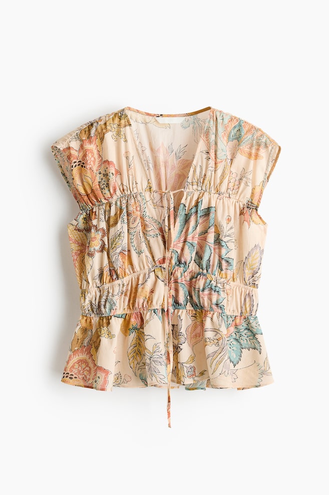 Ruched Cotton Blouse - Light beige/floral/Light turquoise/Apricot - 1