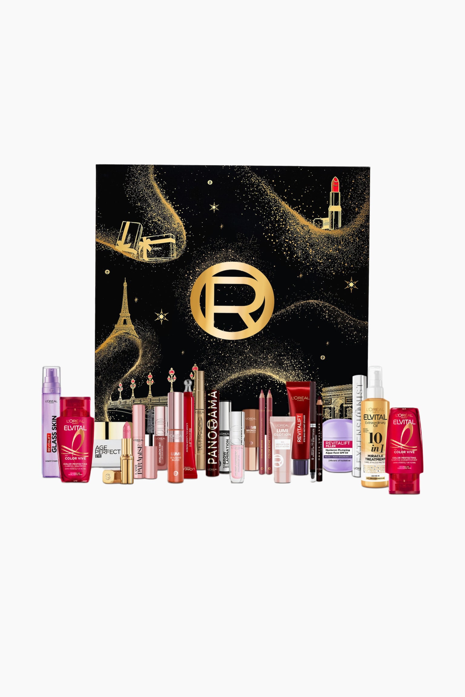 Holidays 2026 Adventskalenderen prÃ¦senteres som en kvadratisk sort Ã¦ske set forfra, udsmykket med gyldne glitter-swirls, et centralt gyldent monogram og parisiske illustrationer. Et udvalg af makeup-, hudpleje- og hÃ¥rplejeprodukter stÃ¥r pÃ¥ rÃ¦kke foran Ã¦sken og fremviser kalenderens indhold.