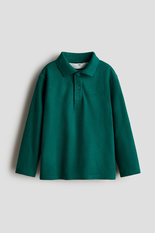 Long-Sleeved Cotton Polo Shirt - Dark green - 1