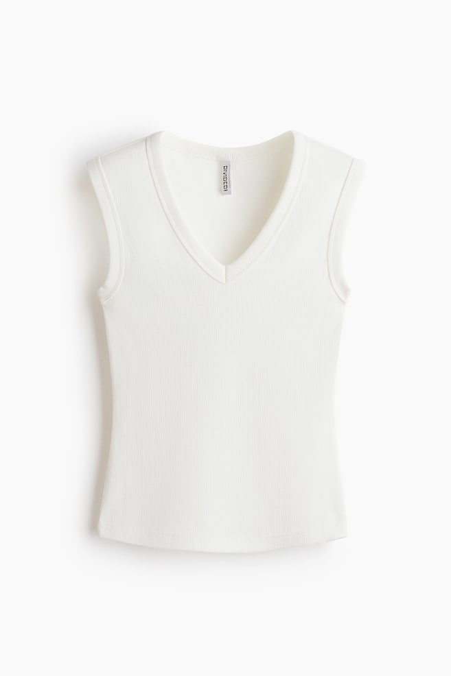 Ribbed V-Neck Tank Top - Cream/Dark brown/Light blue - 1