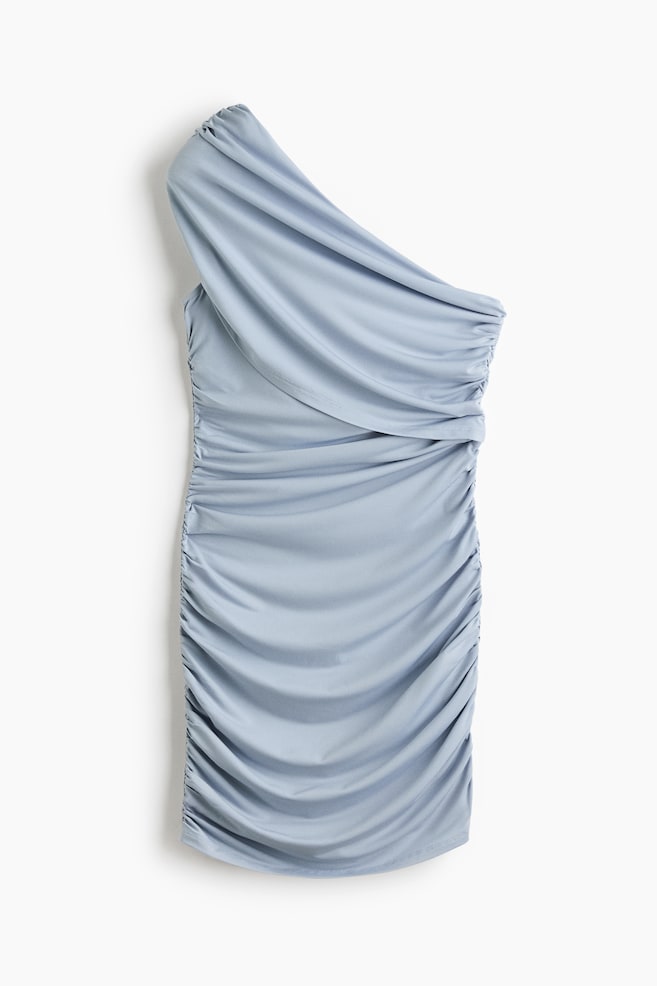 Vestido drapeado com um ombro descoberto - Azul claro/Preto - 1