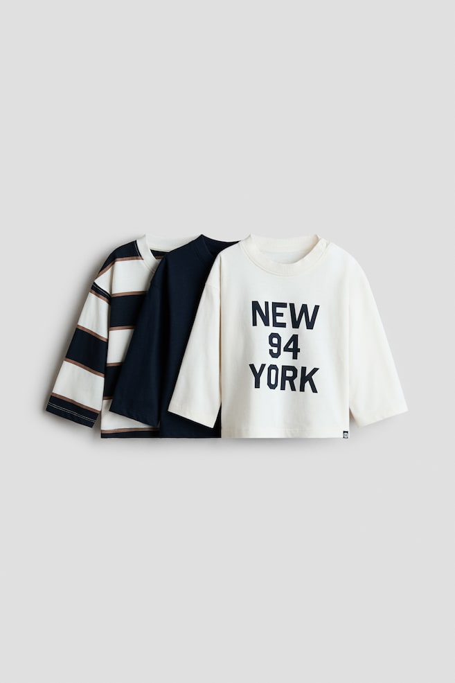 Lot de 3 T-shirts à manches longues en coton - Bleu marine/New York/Bleu ancien/voitures/Beige/Bonjour!/Bleu marine/dinosaures/Gris foncé/blanc/Bleu marine/The Cute Crew - 1