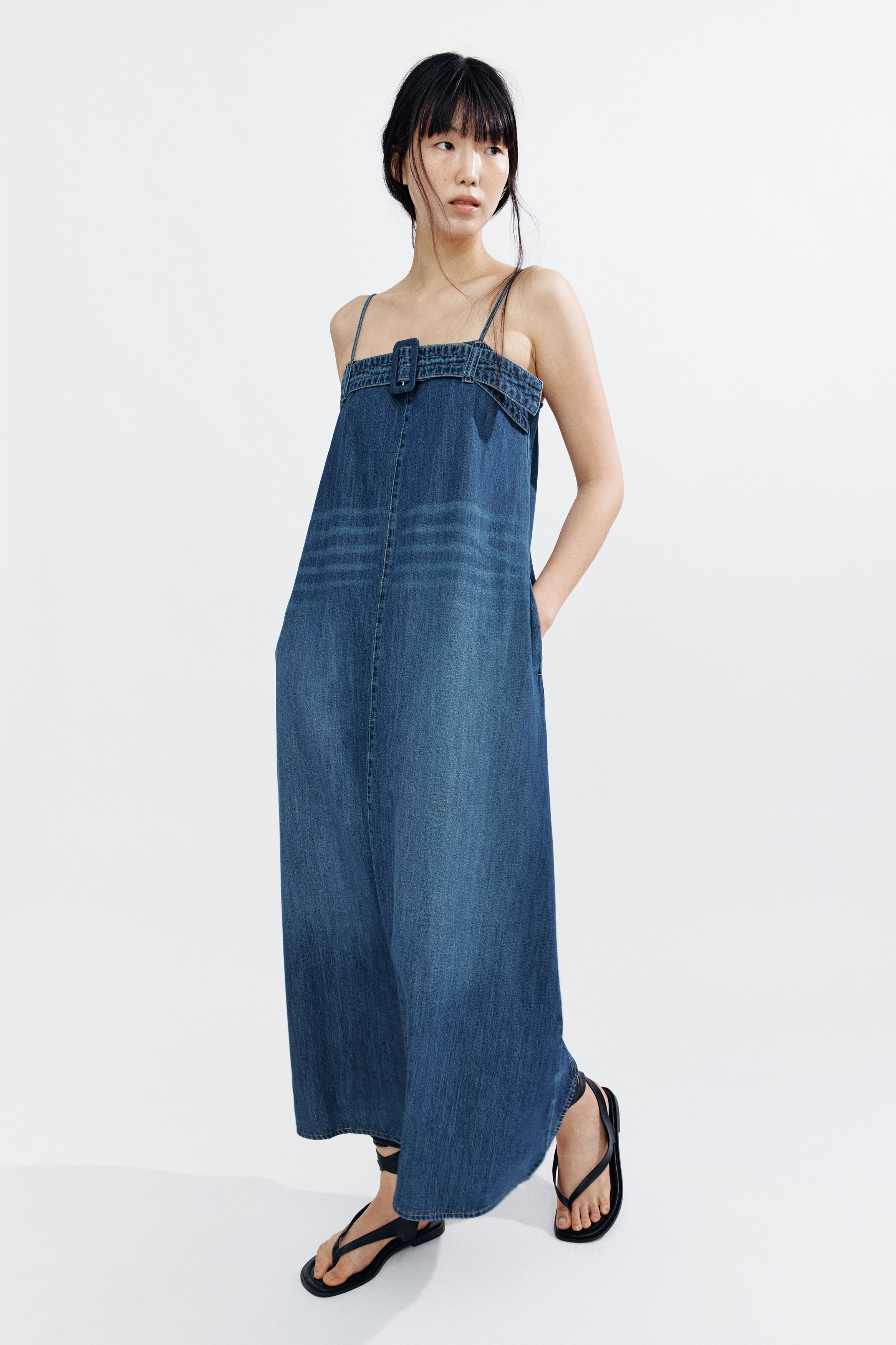 Váy denim có thắt lưng - Màu xanh denim đậm