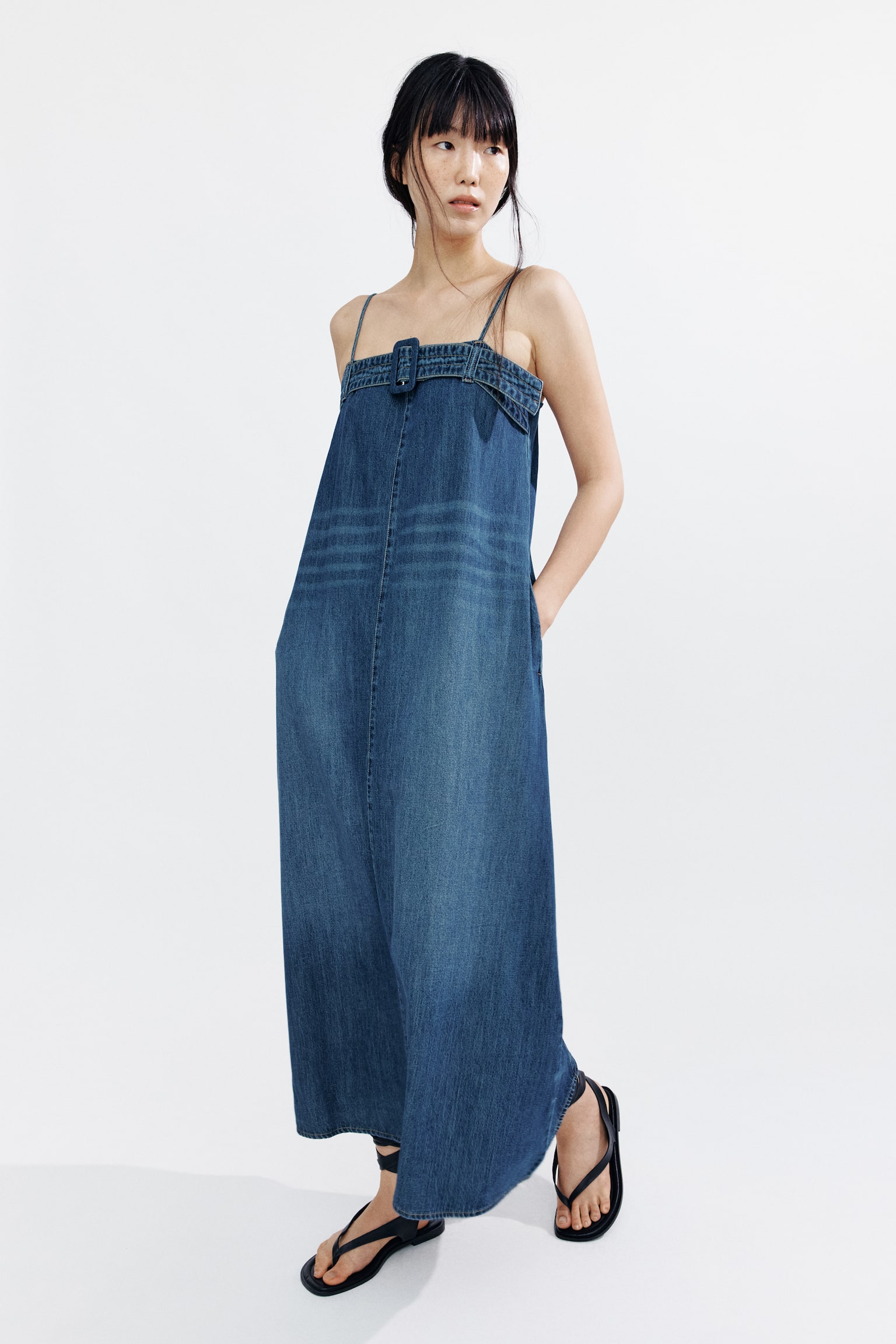 Belt-detail denim dress - Dark denim blue - 1