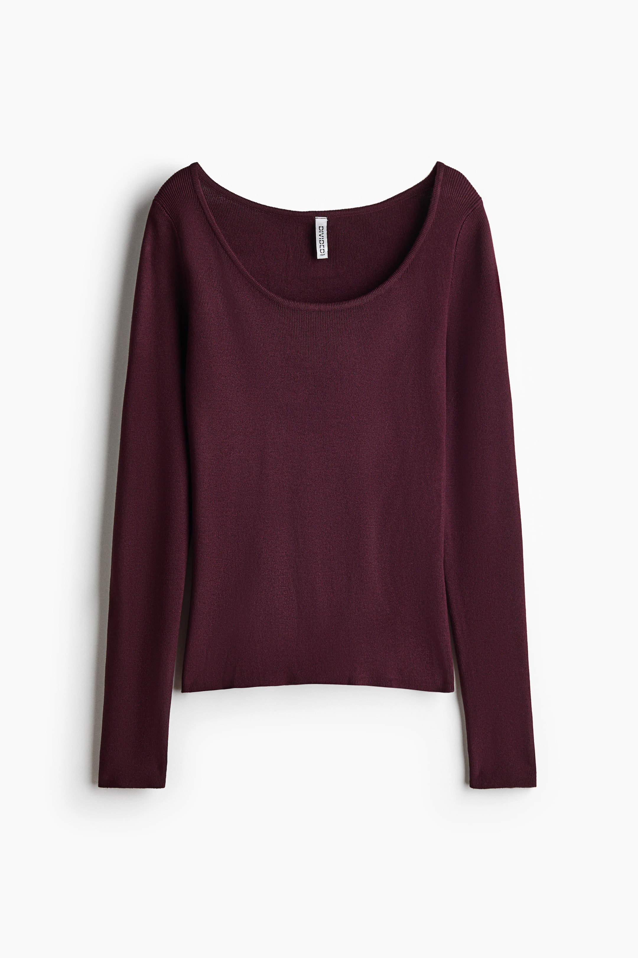 View larger image: A deep maroon fine rib knit top is laid flat, showcasing a wide boat neckline. It features long, fitted sleeves and a straight hem.