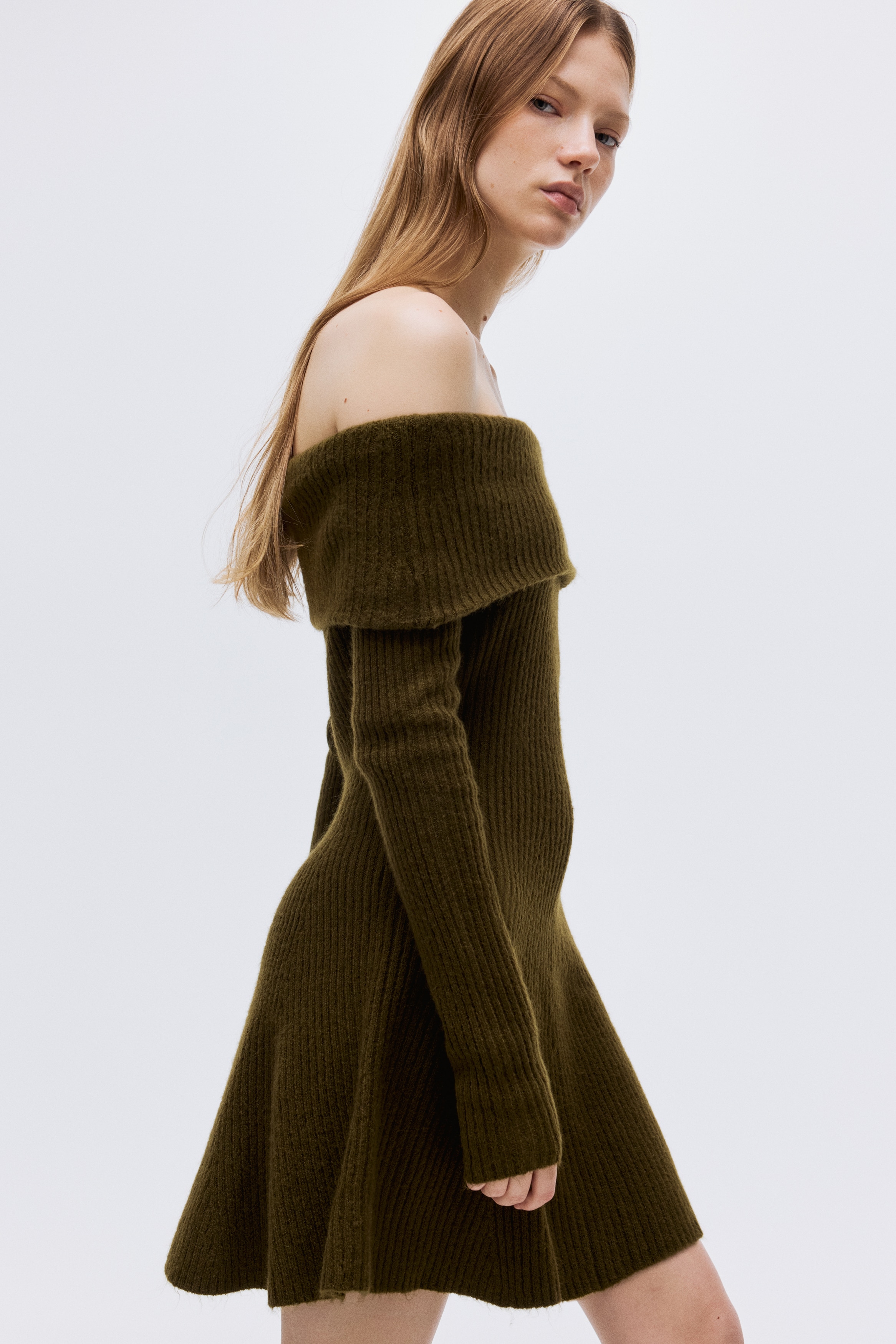 Vestido a los hombros en tejido acanalado - Verde caqui oscuro/Gris jaspeado oscuro/Rojo