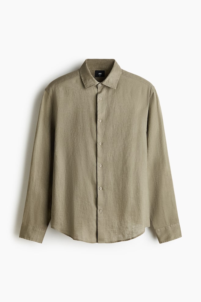 Slim Fit Linen Shirt - Khaki green/Light blue/White/Black - 1
