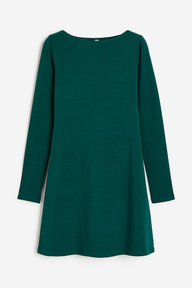 Trikåklänning med utställd kjol - Mörkgrön/Ljusgrå/Svart/Ljusgråmelerad - 1