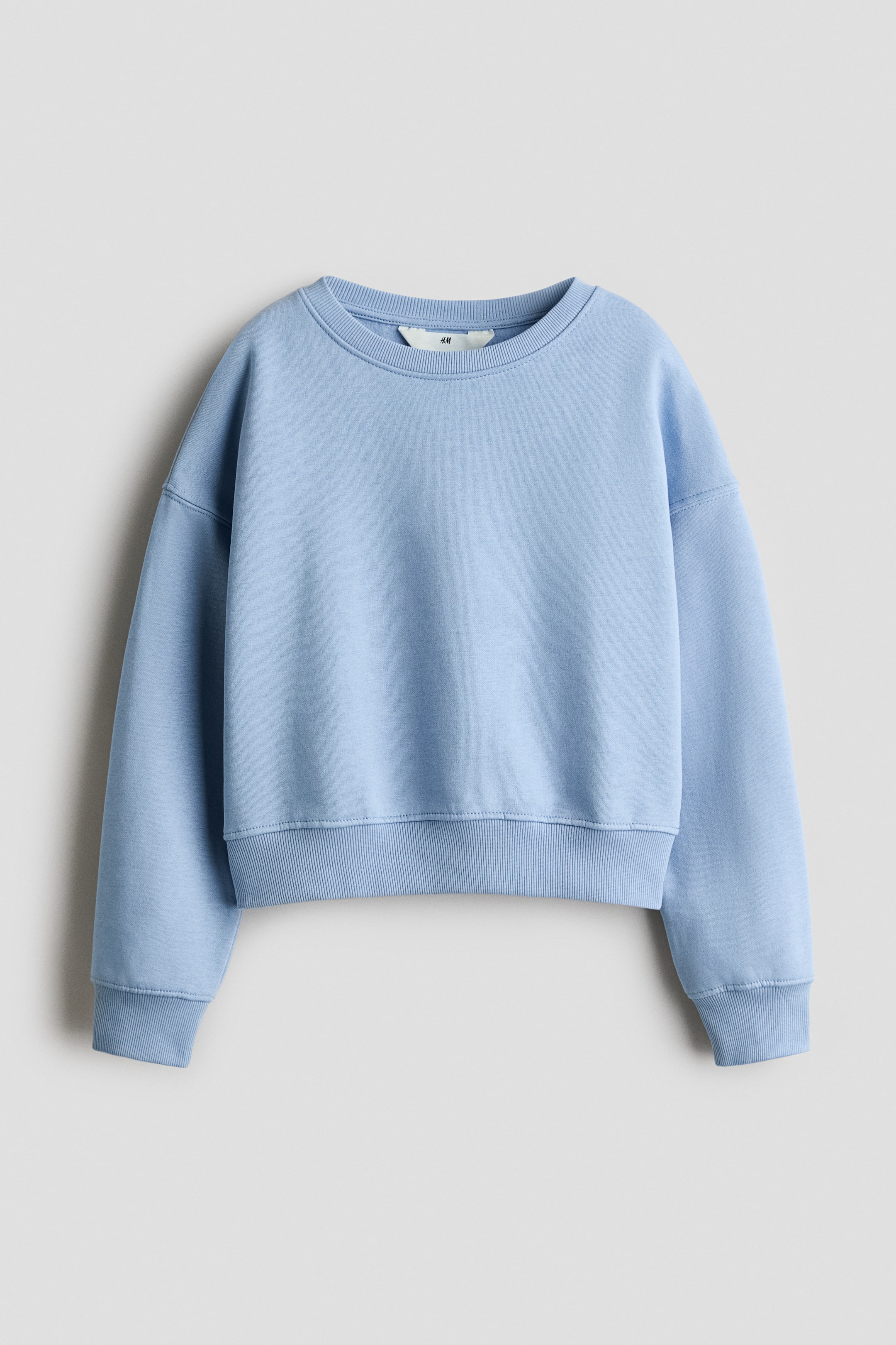 View larger image: A light blue, loose-fit sweatshirt is shown from the front, featuring a round rib-trimmed neckline, dropped shoulders, and long sleeves. The design includes a ribbed hem and matching ribbed cuffs.