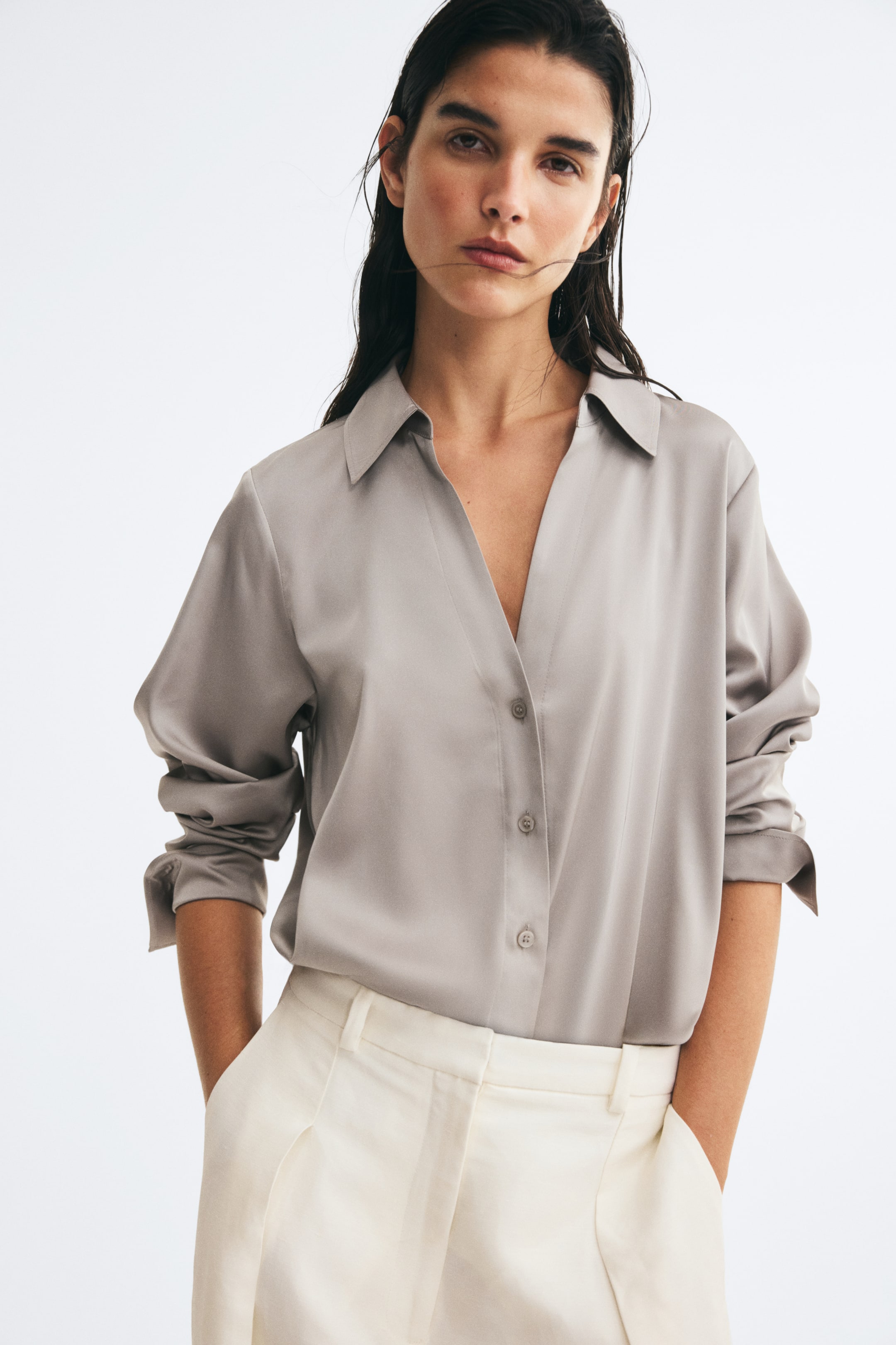 View larger image: V-neck blouse - Light greige - Ladies | H&M 1