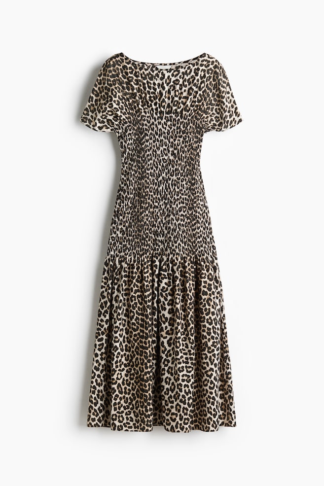Smocked-detail dress - Light beige/Leopard print/Black - 1