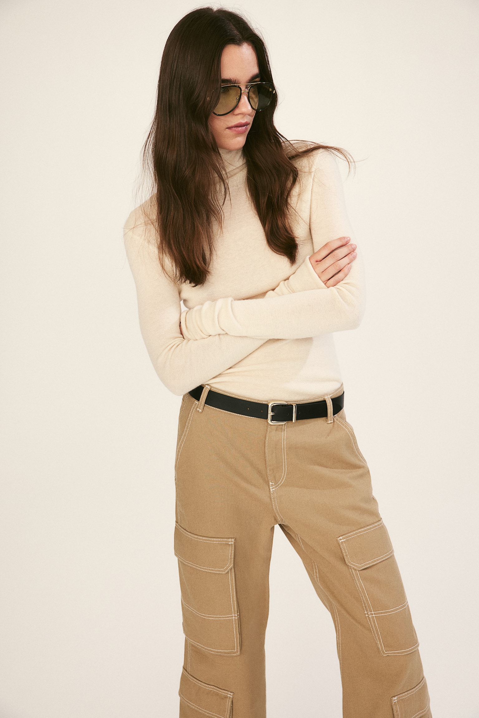 Wide cargo trousers - Beige/Dark khaki green/Brown - 3