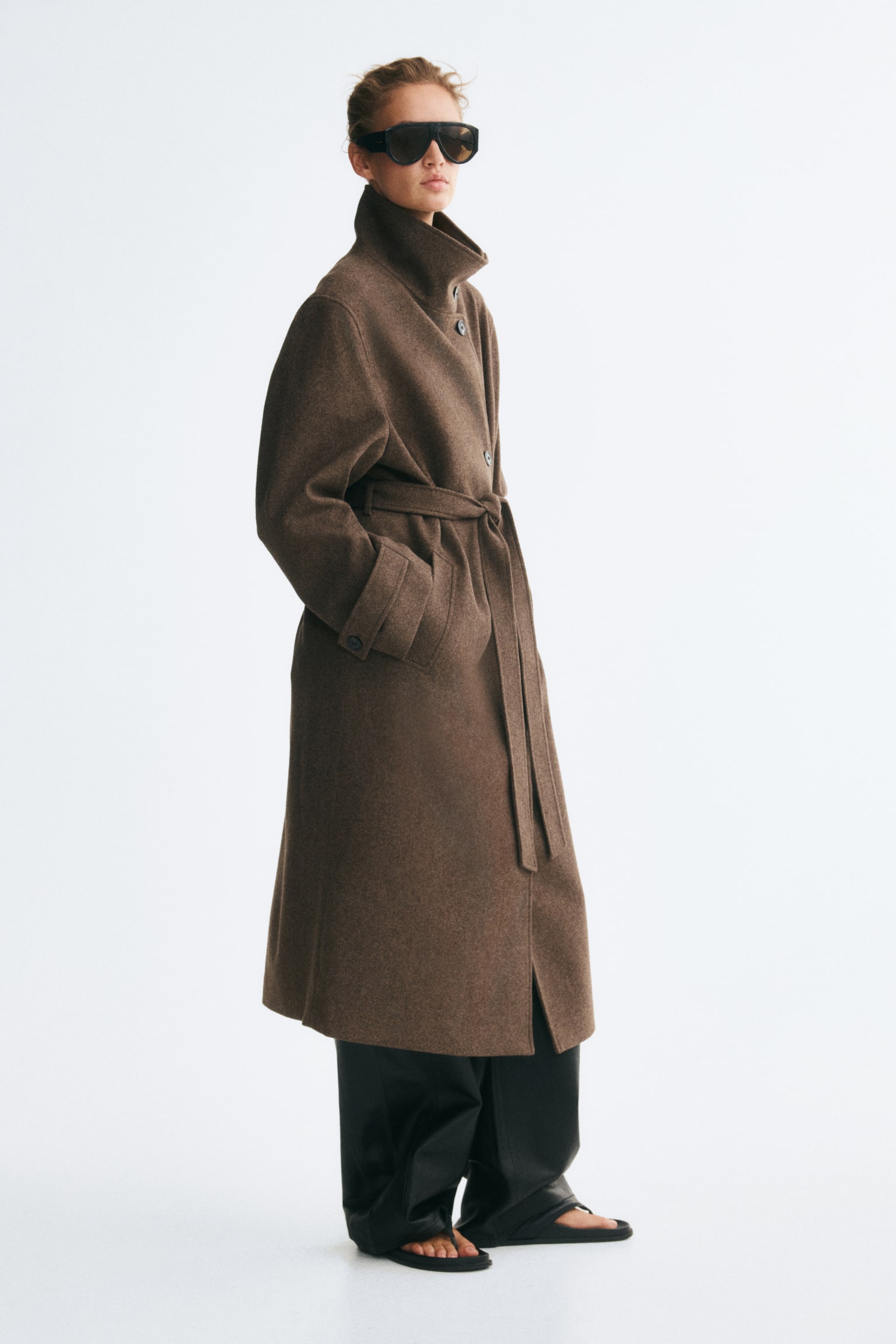 Женское пальто H&M Tie-Belt Funnel-Collar, цвет: Тёмный серо-коричневый — фото 4