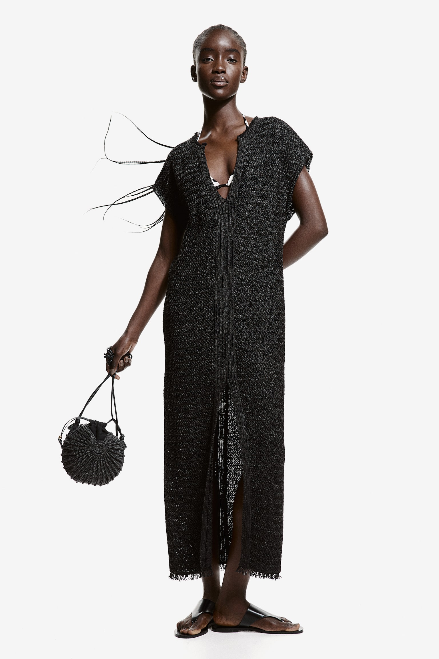 Raffia-look kaftan dress - Black - 1