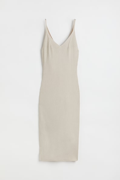 Ribbed bodycon dress - V-neck - Sleeveless - Light beige - Ladies | H&M GB