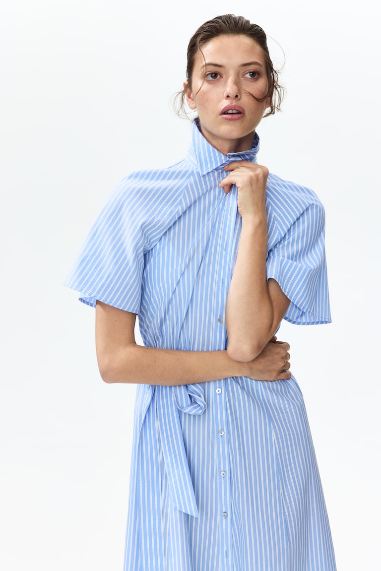 Ladies - Blue/Striped Tie-Belt Shirt Dress - Size: XXS - H&M