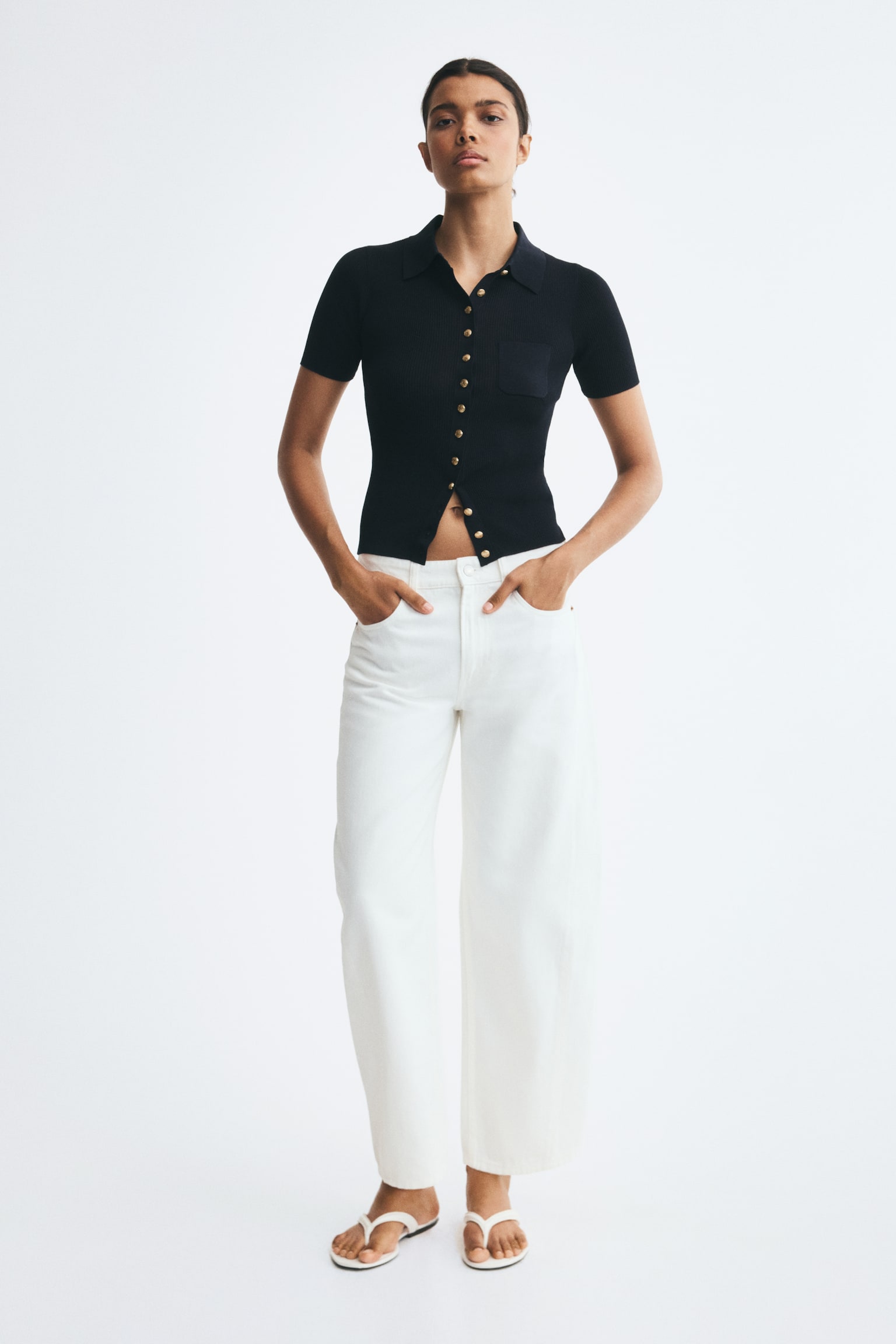 Женский кардиган H&M Short-Sleeved Rib-Knit, цвет: Тёмно-синий — фото 3