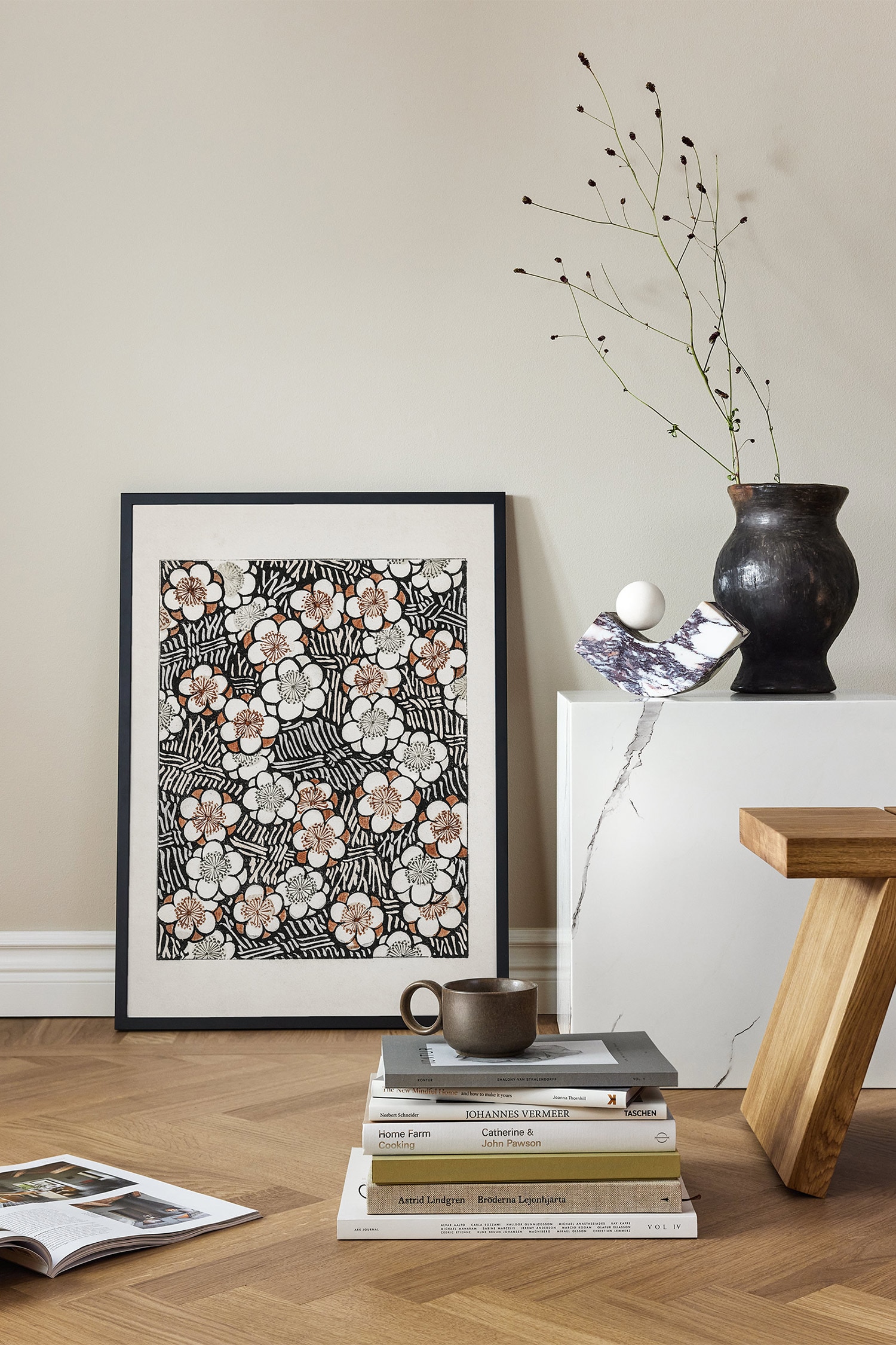 Japanese Blossom Pattern Plakat - Sort/hvid/beige
