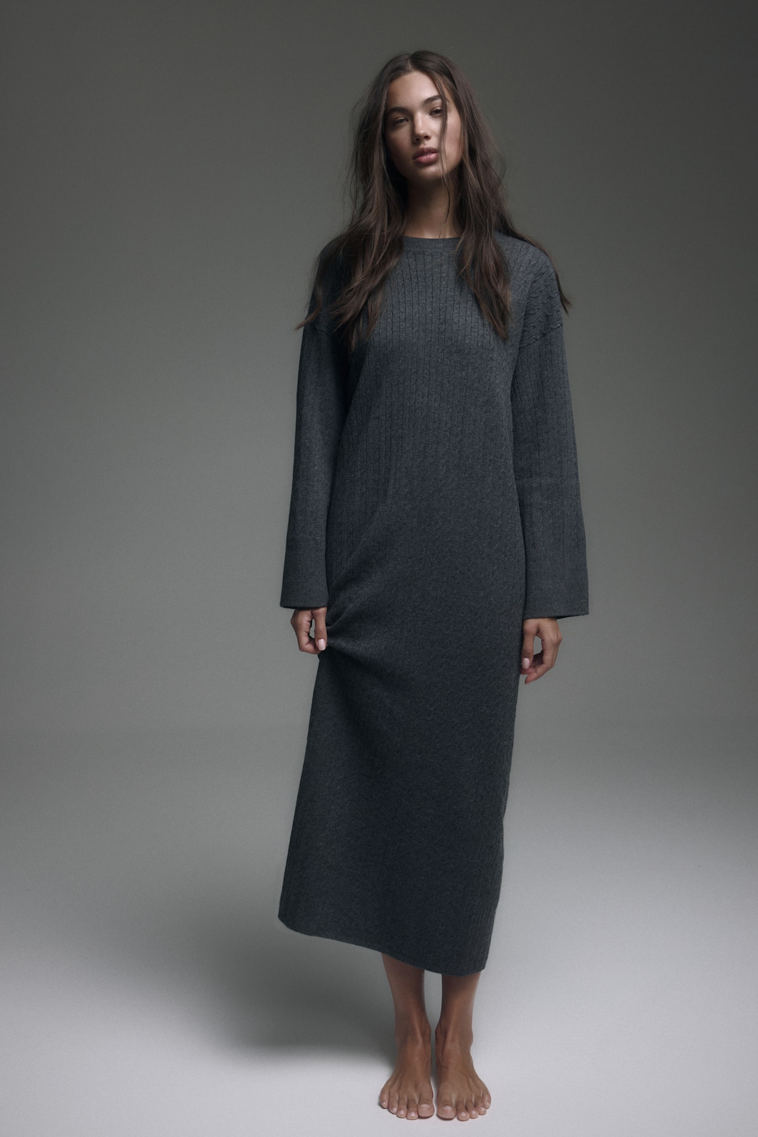 Cable-knit dress - Dark grey marl/Cream/Black - 4