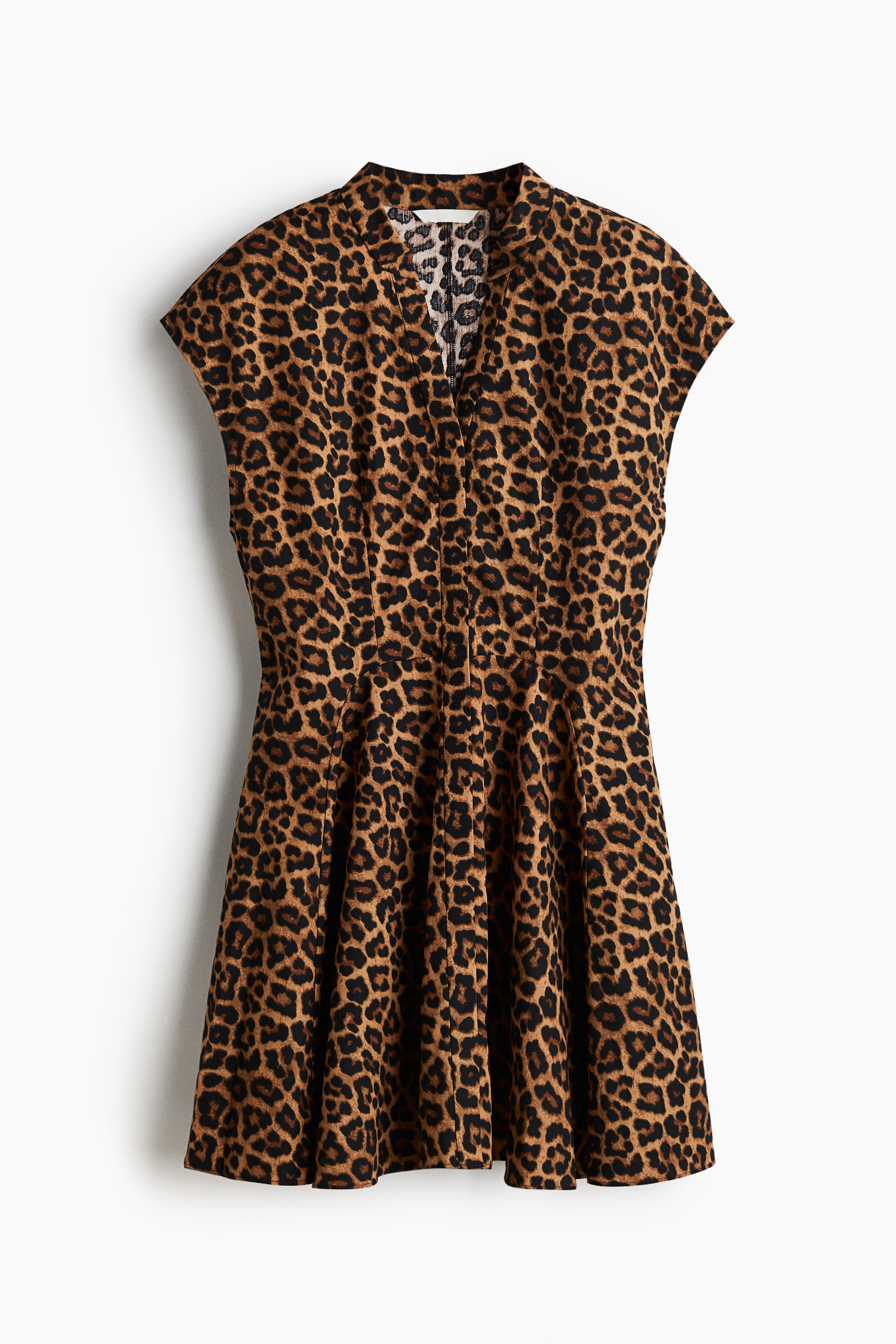 Uitlopende jurk van popeline - Beige/luipaarddessin/Felblauw