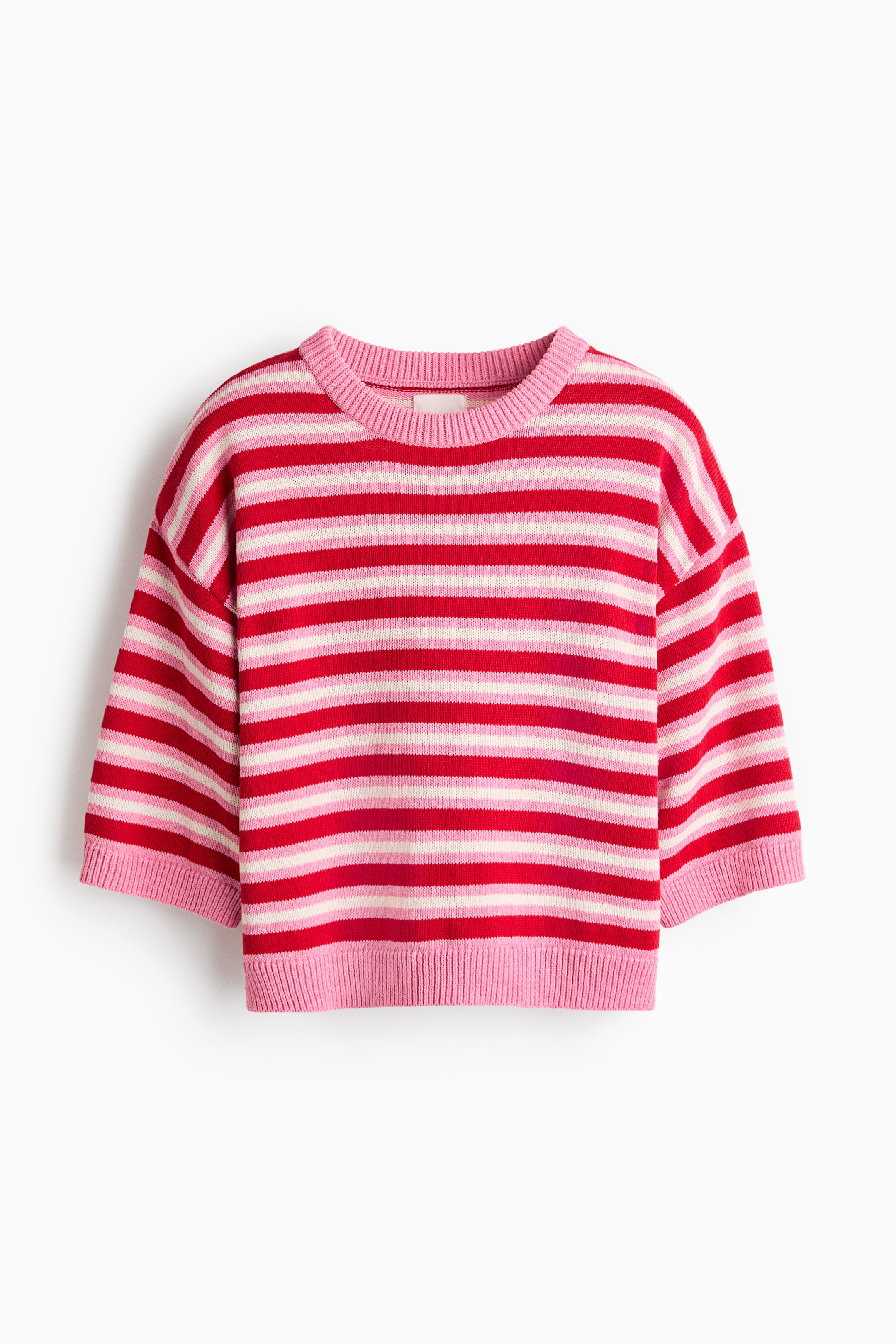 Ver imagen más grande: Un jersey, mostrado desde el frente, presenta rayas horizontales en rojo, rosa claro y blanco roto. Cuenta con un cuello redondo acanalado, hombros caídos, mangas a la altura del codo con puños acanalados y un dobladillo acanalado.