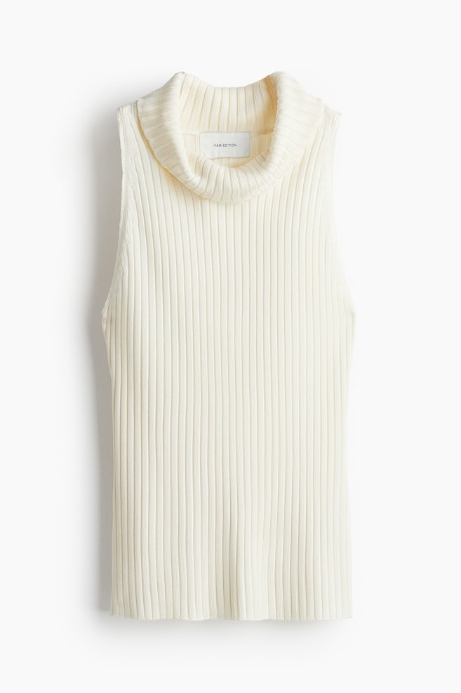 Rib-knit polo-neck top - Cream/Black - 1